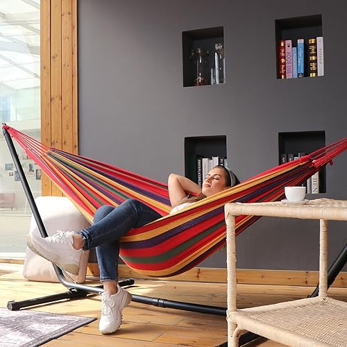 Miniatura 38 de Anyoo - Hamaca de algodón para jardín, con correas para colgar, hasta 660 libras, hamaca portátil con bolsa de viaje, perfecta para acampar al aire