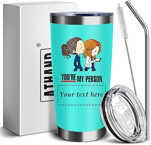 ATHAND Vasos aislados personalizados de 20 onzas con tapa y pajita, taza de acero inoxidable de doble pared con texto en inglés "You Are My Person",