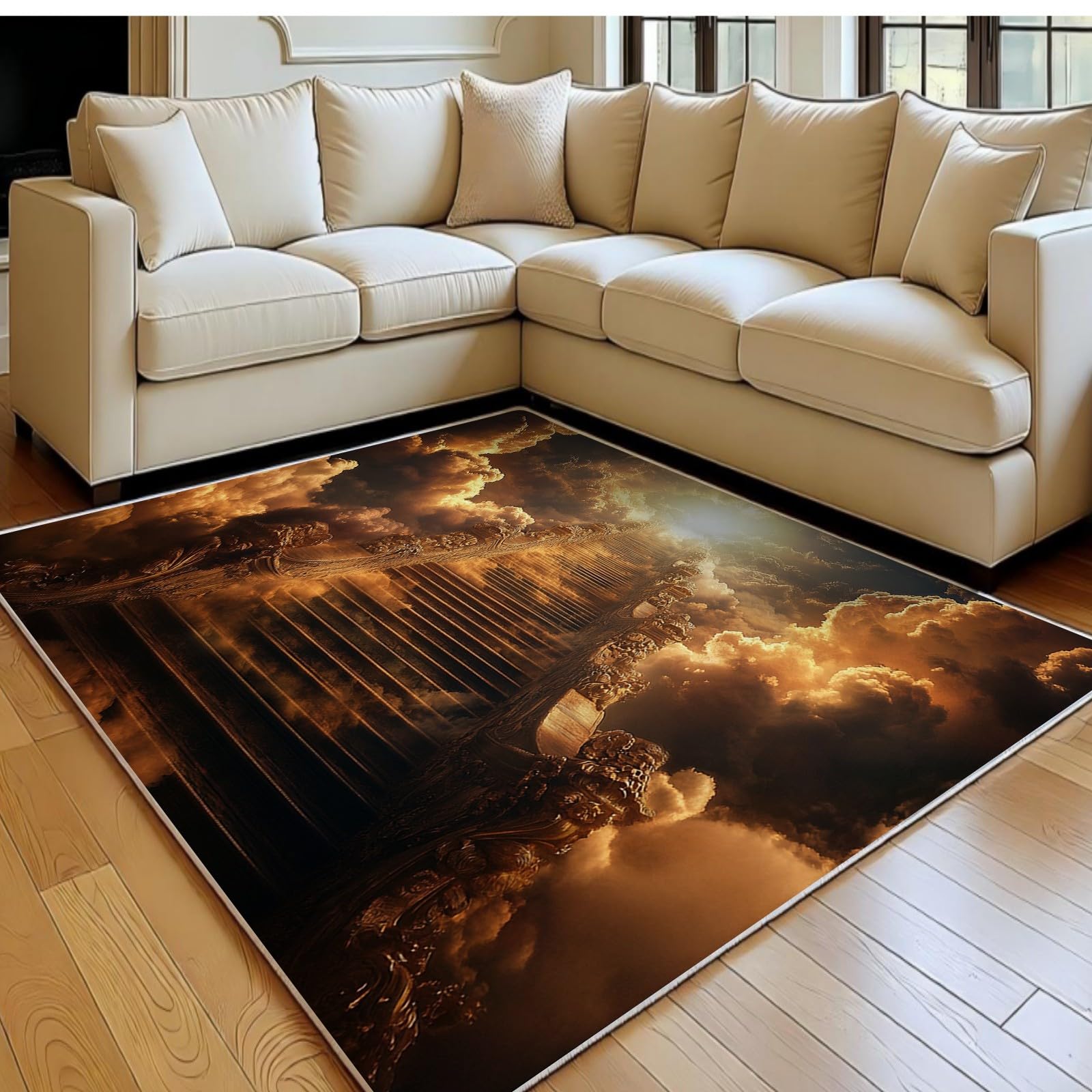 Tapis de salon 120 x 180 cm lavable et anti-glisse au design escaliers rétro marron