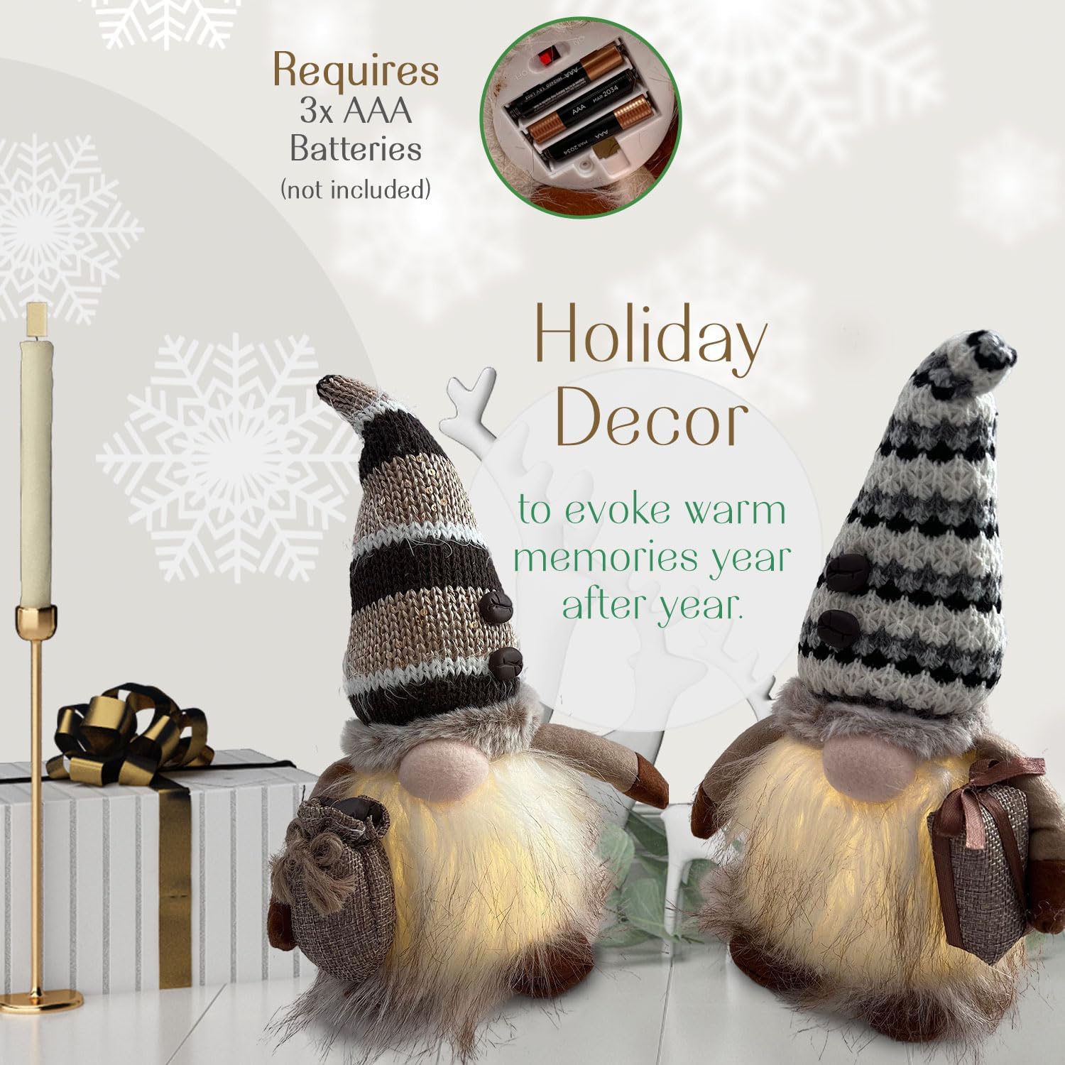 Set of 2 Light Up Christmas Gnomes, 9" Rustic Holiday Lighted Gnomes Figurines Elf Plush Xmas Decorations for Indoor Rustic, Farmhouse Christmas Decor