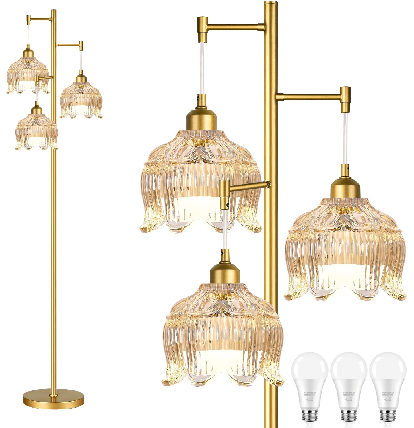WLQCWL Vintage Floor Lamps for Living Room Bedroom-3 Light Gold Floor Lamp with Glass Lampshape, Flower Tall Lamp Glass Mid Century Standing Lamp Tree Floor Lamp for Living Room Corner