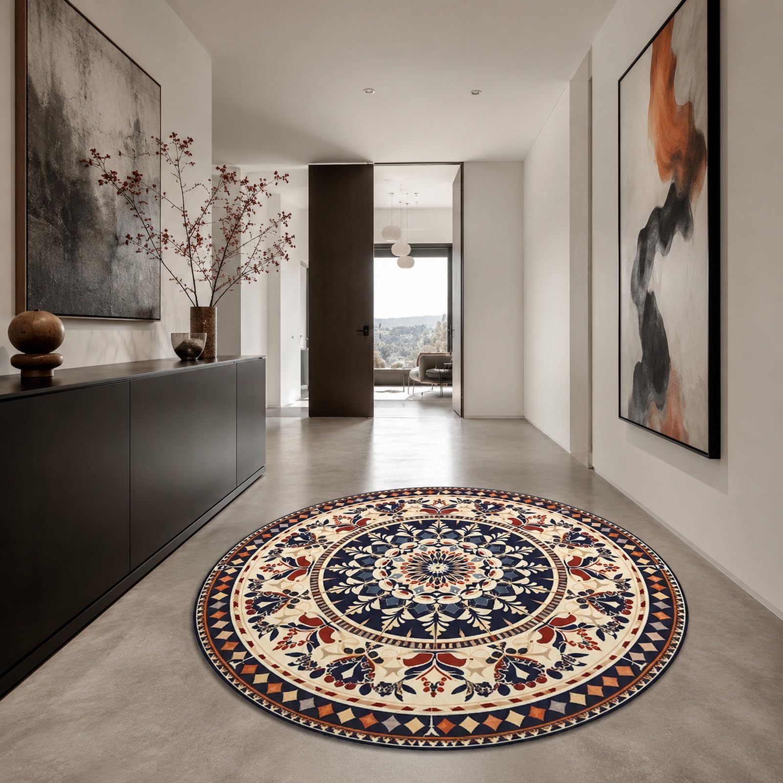 Tapis rond pour chambre à coucher géométrique orange et rouge vintage