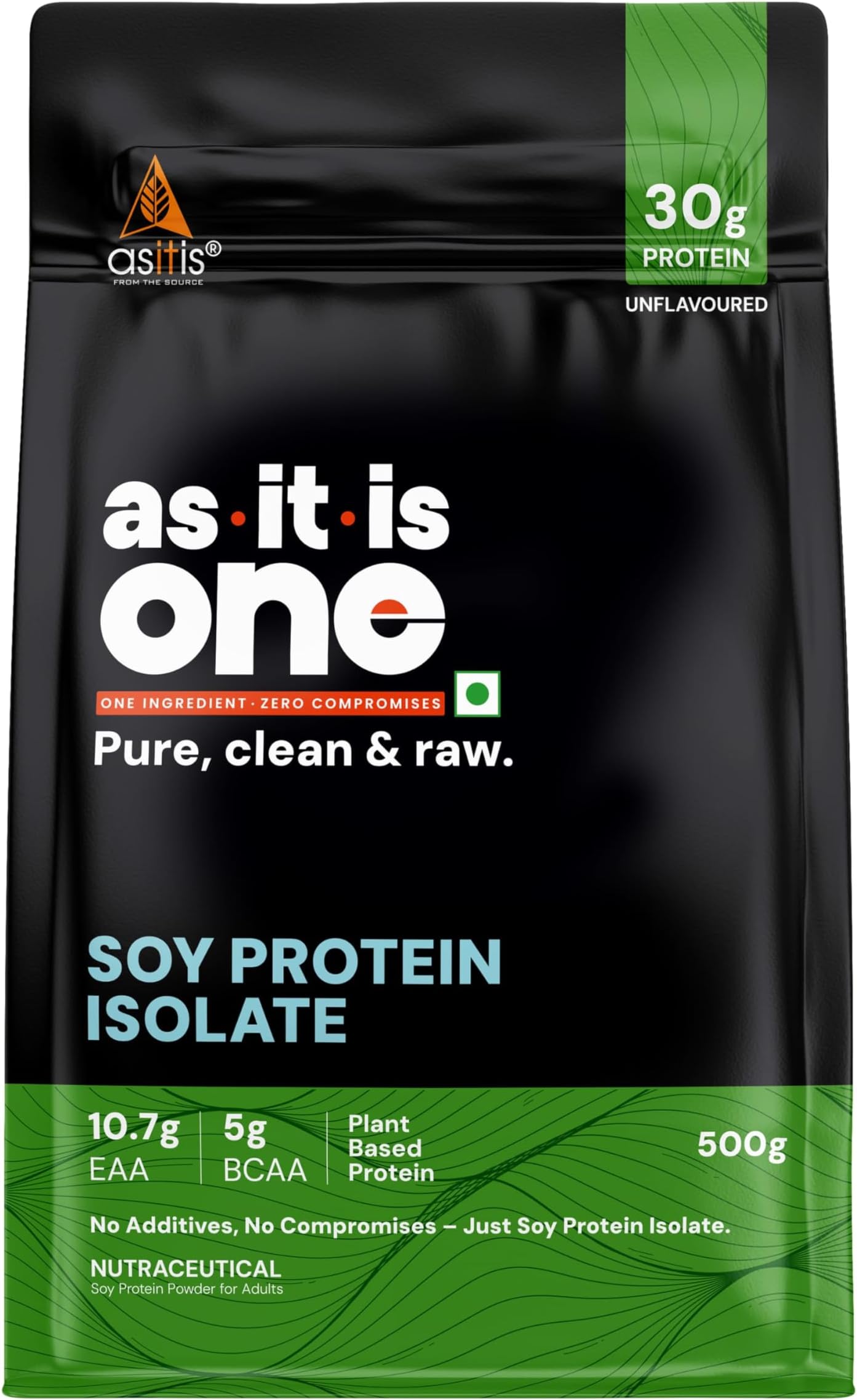 AS-IT-IS Nutrition 100% Soy Protein Isolate, 27g Protein & All 9 EAAs per Serving, Pure Vegan Plant Protein, Zero Cholesterol, Promotes Muscle Growth, Designed as Meal Supplement - Unflavoured, Single