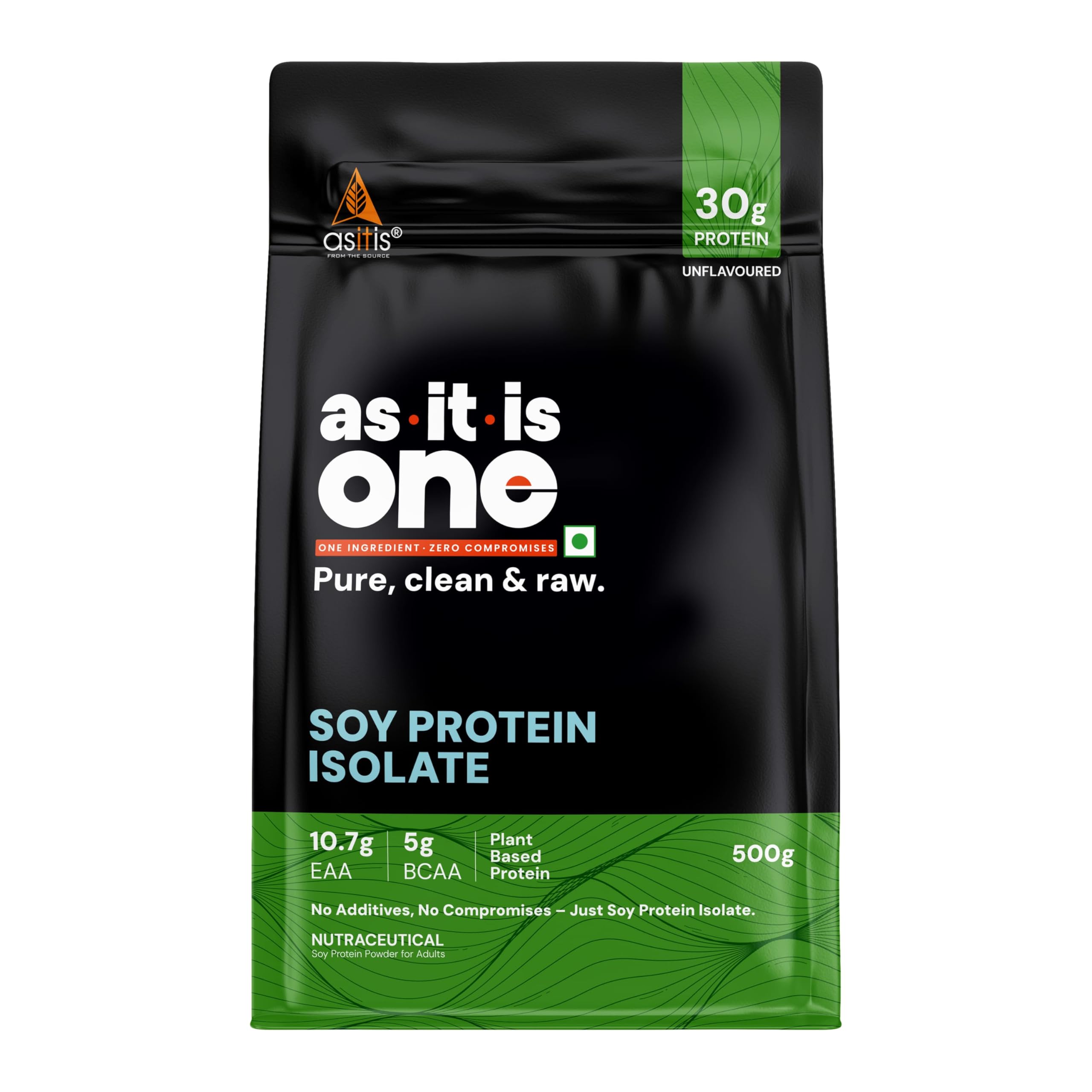 AS-IT-IS One Soy Protein Isolate - Light on Gut, Complete Amino Acid Profile, Unflavoured 500g, Plant based, Supports Muscle Repair & Growth, Ideal for Adults of All Ages
