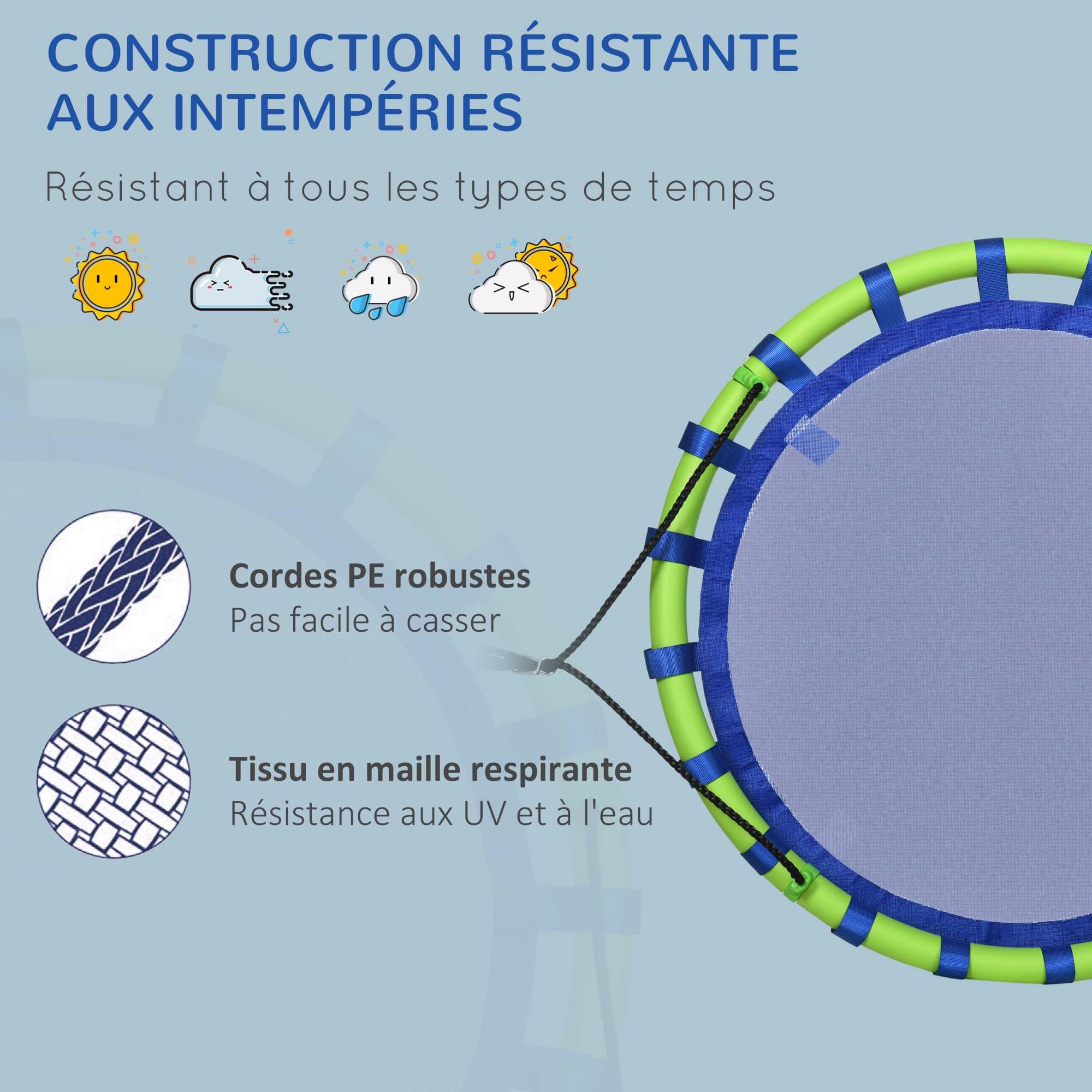 Outsunny Balançoire Nid d'Oiseau Ronde Ø 100 cm Réglable Jardin Bleu | à Suspendre, Enfant Adulte, Capacité de Charge 150 kg, Extérieur, Cadre en Acier, Textilène