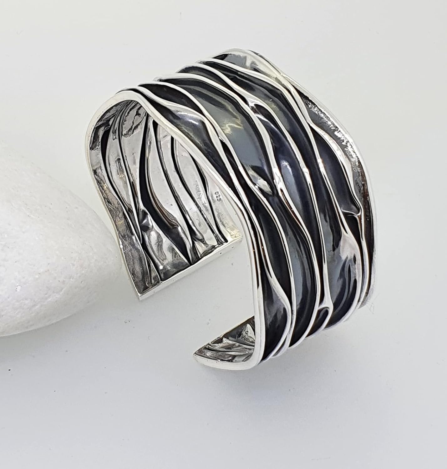 Women's Silver Bracelet - Statement Bangle Crushed Style 925 Sterling Silver Cuff Bangle Bracelet for Women Ladies Girls