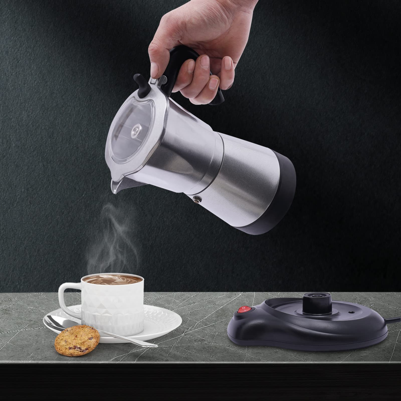 Cafetera eléctrica de 480 W, cafetera italiana con 2,5 bares de presión, cafetera de 300 ml para espresso, cafetera de camping con válvula de seguridad para estufa y camping, color plateado