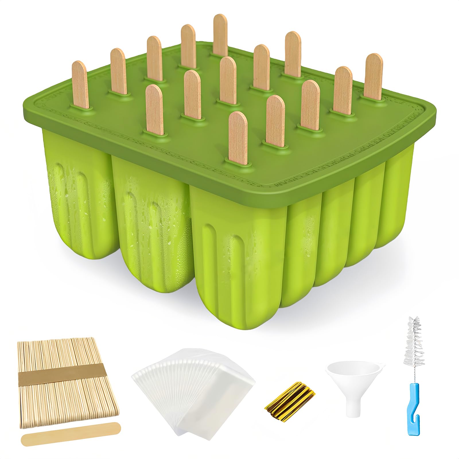 Ice Lolly Moulds 15 Pieces Ice Cream Moulds, Homemade Popsicle Molds, BPA Free Silicone Ice Pop Maker, with 100 Sticks, 100 Bags, 100 Sticks, Funnel, Brush