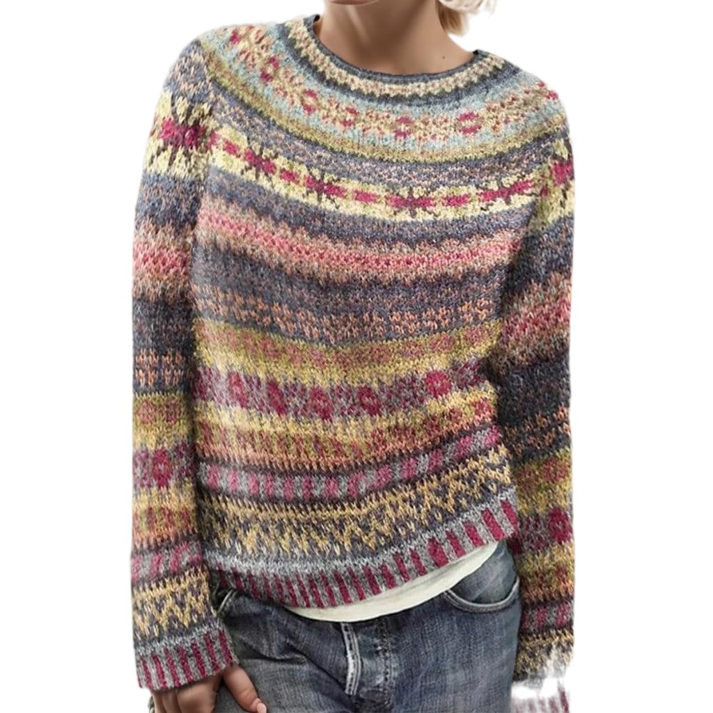 Womens Vintage Fair Isle Long Sleeve Sweaters Fall Retro Striped Forest Crewneck Knitted Lightweight Pullover Sweater