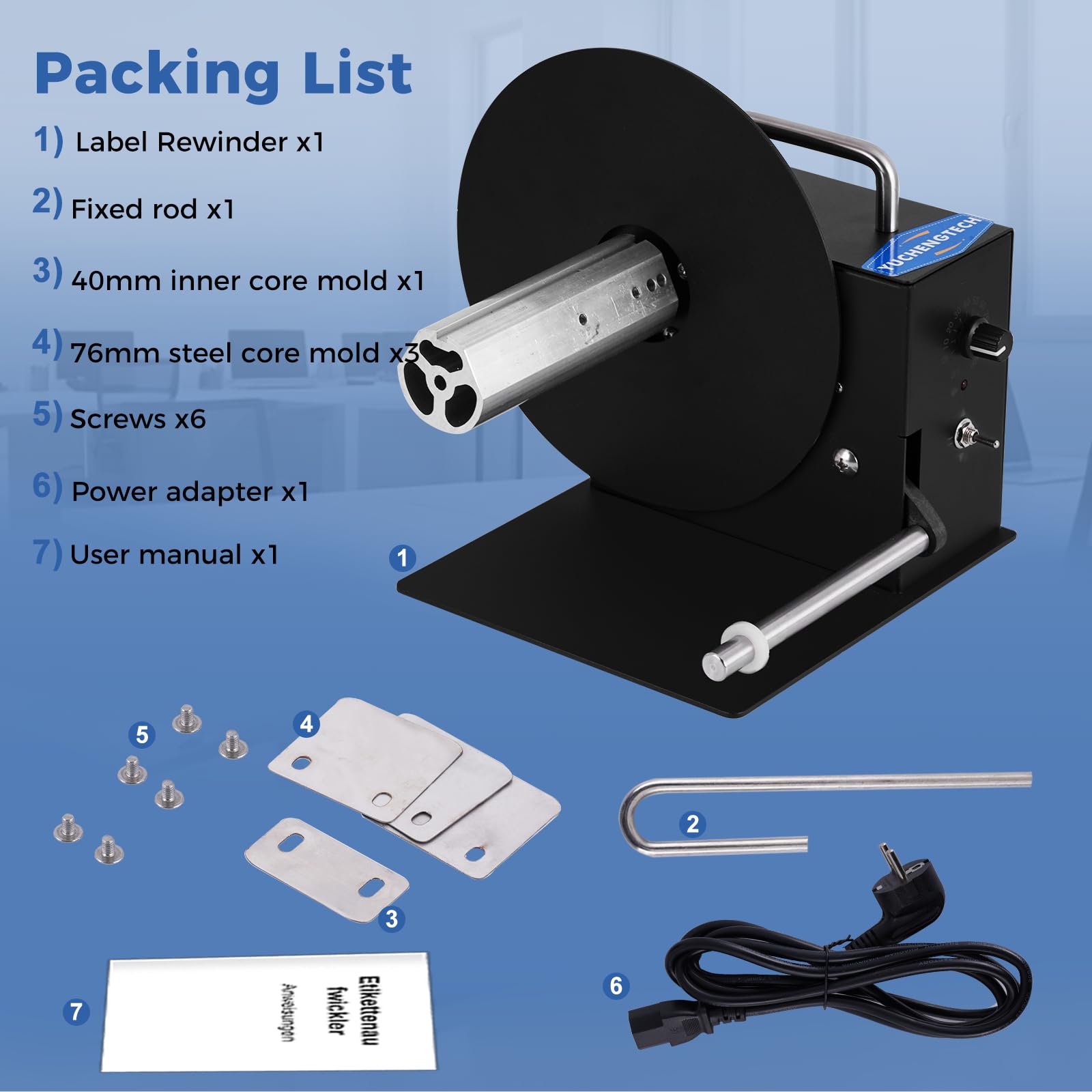 YUCHENGTECH Avvolgitore Etichette Automatico Diametro 180mm Velocità Regolabile 0-8 pollici/s Avvolgitore Etichette Bidirezionale per Nucleo 40/76mm o Senza Tubo di Carta con Istruzioni e Accessori