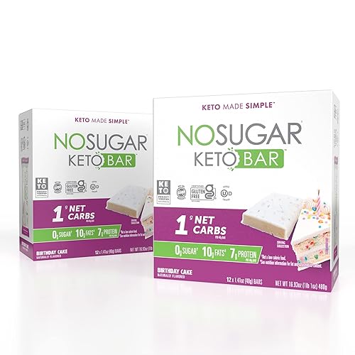 Snack de barra Keto sin azúcar, pastel de cumpleaños, 24 barras de 1.41 onzas, bajas en carbohidratos, sin azúcar, bocadillo keto con macros