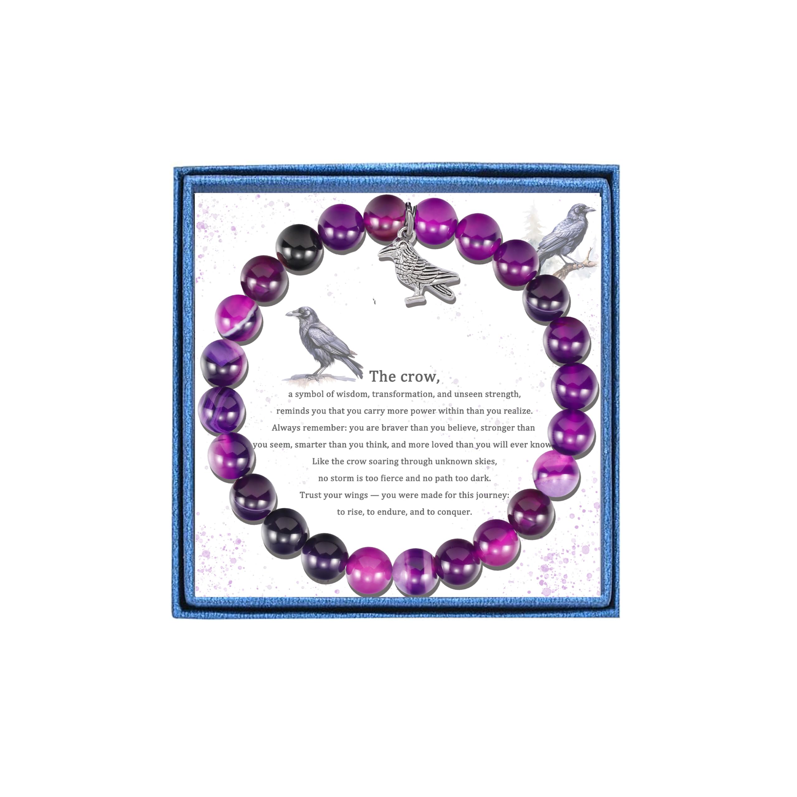 LIUANAN Crow Charm Amethyst Bracelet for Women Halloween Spirit Animal Jewelry Real Amethyst Stone Gift for Animal Lovers Intuition Protection Crystal