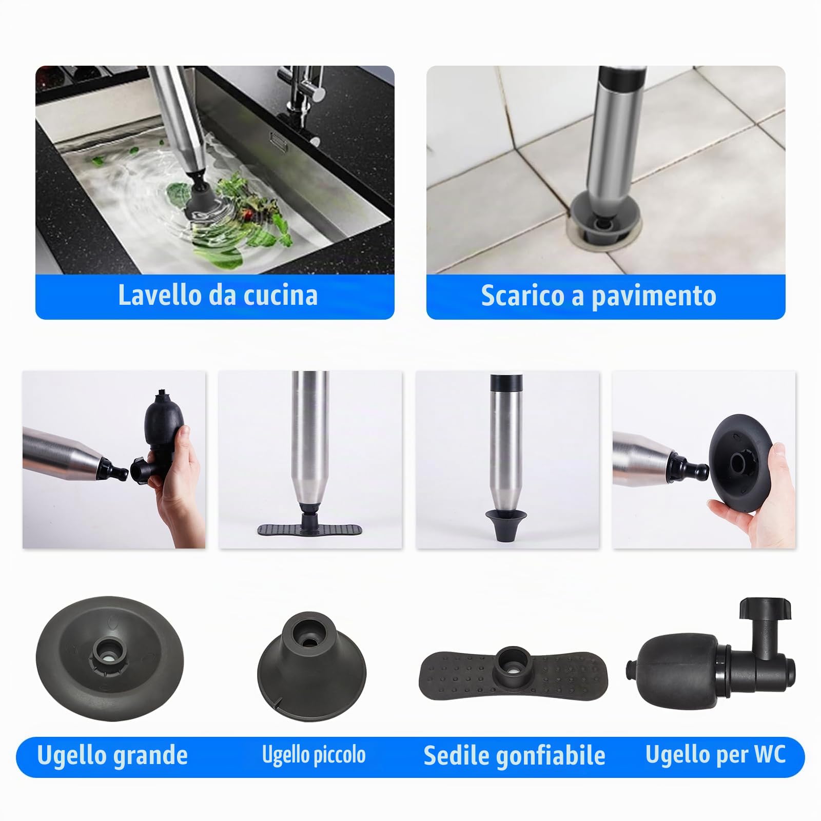 Stura WC, Pompa Stura Scarichi con Quattro Diverse Ventose, Molto Rispettoso Dell'ambiente, Senza Sostanze Chimiche, Sturalavandino Adatto per Bagni Bagni Lavabi