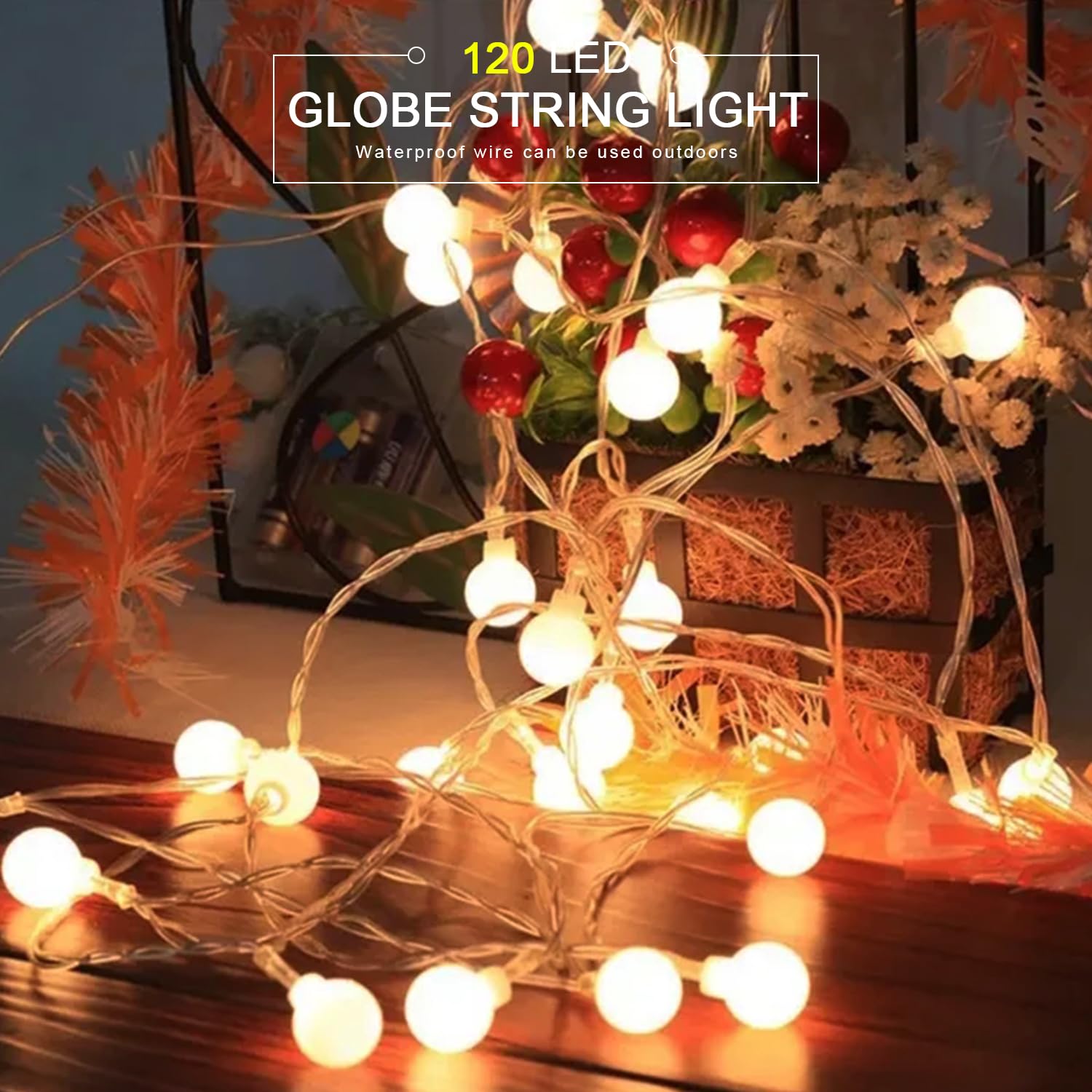 Girlanda świetlna sferyczna, 15 m, 120 diod LED, do użytku na zewnątrz/wewnątrz, z gniazdkiem, 8 trybów z pilotem do sypialni, wnętrz, ogrodu, na Boże Narodzenie i wesele (ciepła biel)