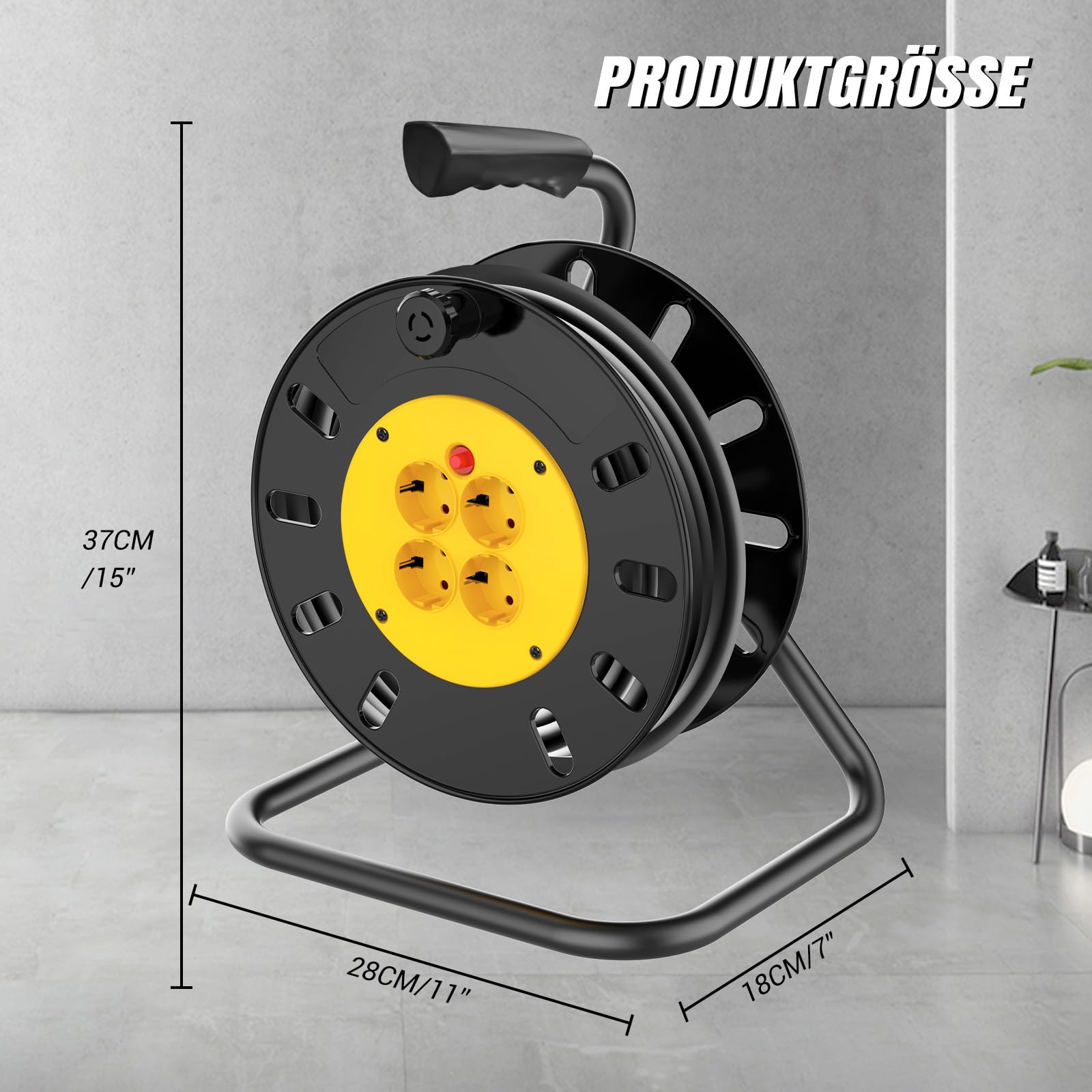 Kabeltrommel Verlängerungskabel 50m, Outdoor Steckdose mit 4 Steckdosen, Automatik Kabeltrommel Verlängerung, Werkstatt Kabelaufroller, Thermoschalter und Kabelhalter, Verlängerungskabel außen