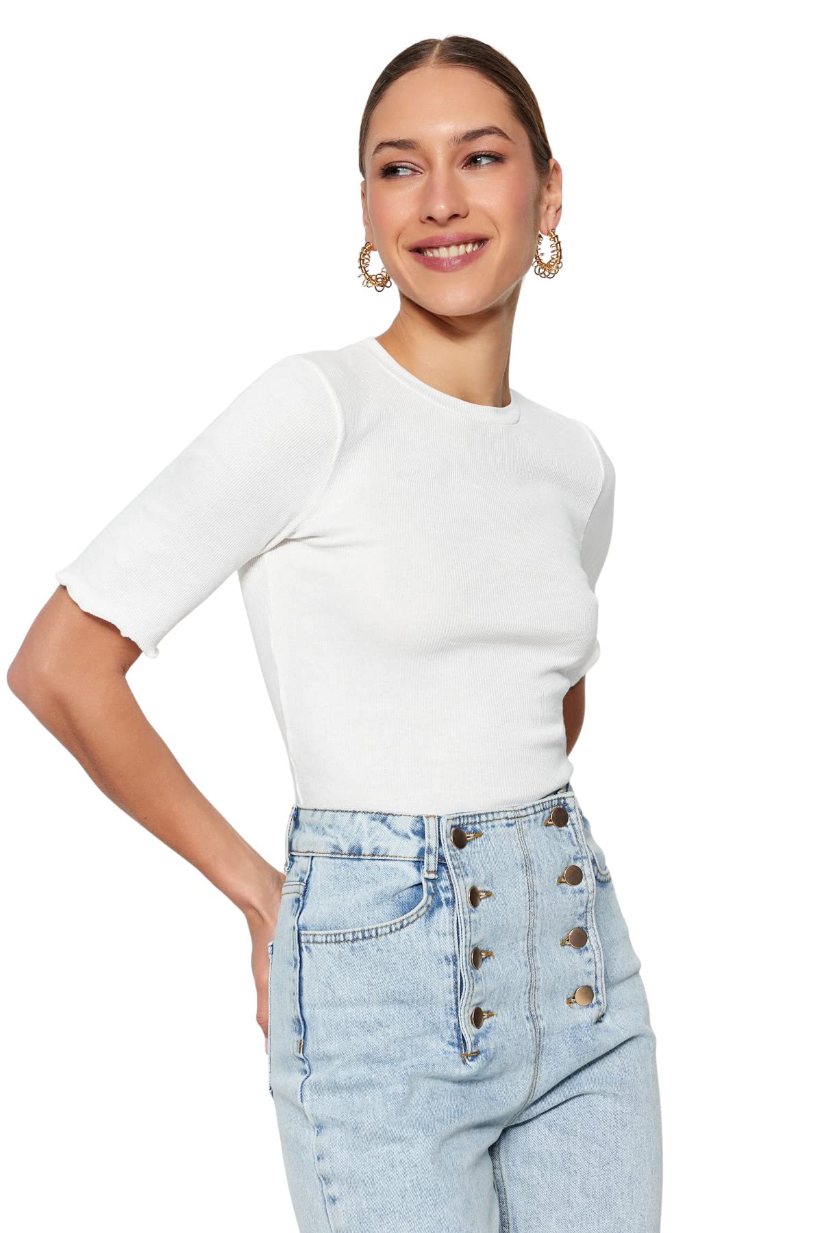 Trendyol The Ecru Fitted/Covered Knitted Blouse with Corduroys