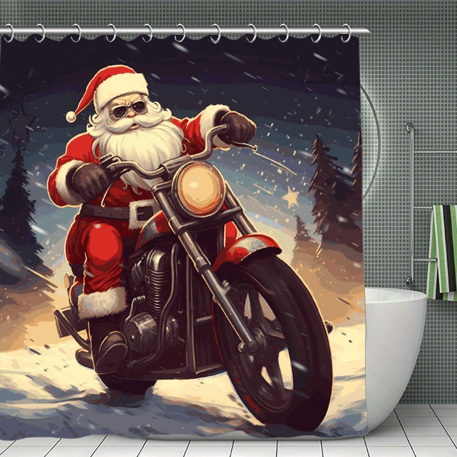 VstaDank Santa Claus Biker Riding Bath Curtain Elegant Heavy Duty Shower Curtains 70x70 in Rustic Farmhouse Cloth Shower Curtains Neutral Modern Bath Curtain for Bathroom