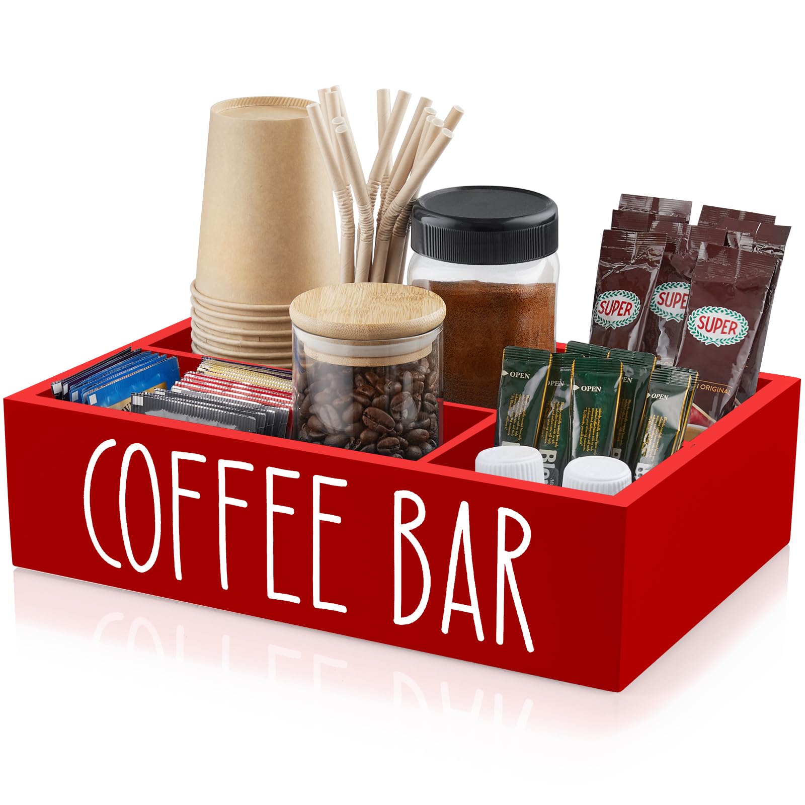 ALELION Red Coffee Station Organizer with Removable Dividers - Coffee Pod Holder Storage Basket for K Cup Sugar Tea - Red Coffee Bar Kitchen Decor Accessories Organizer for Countertop
