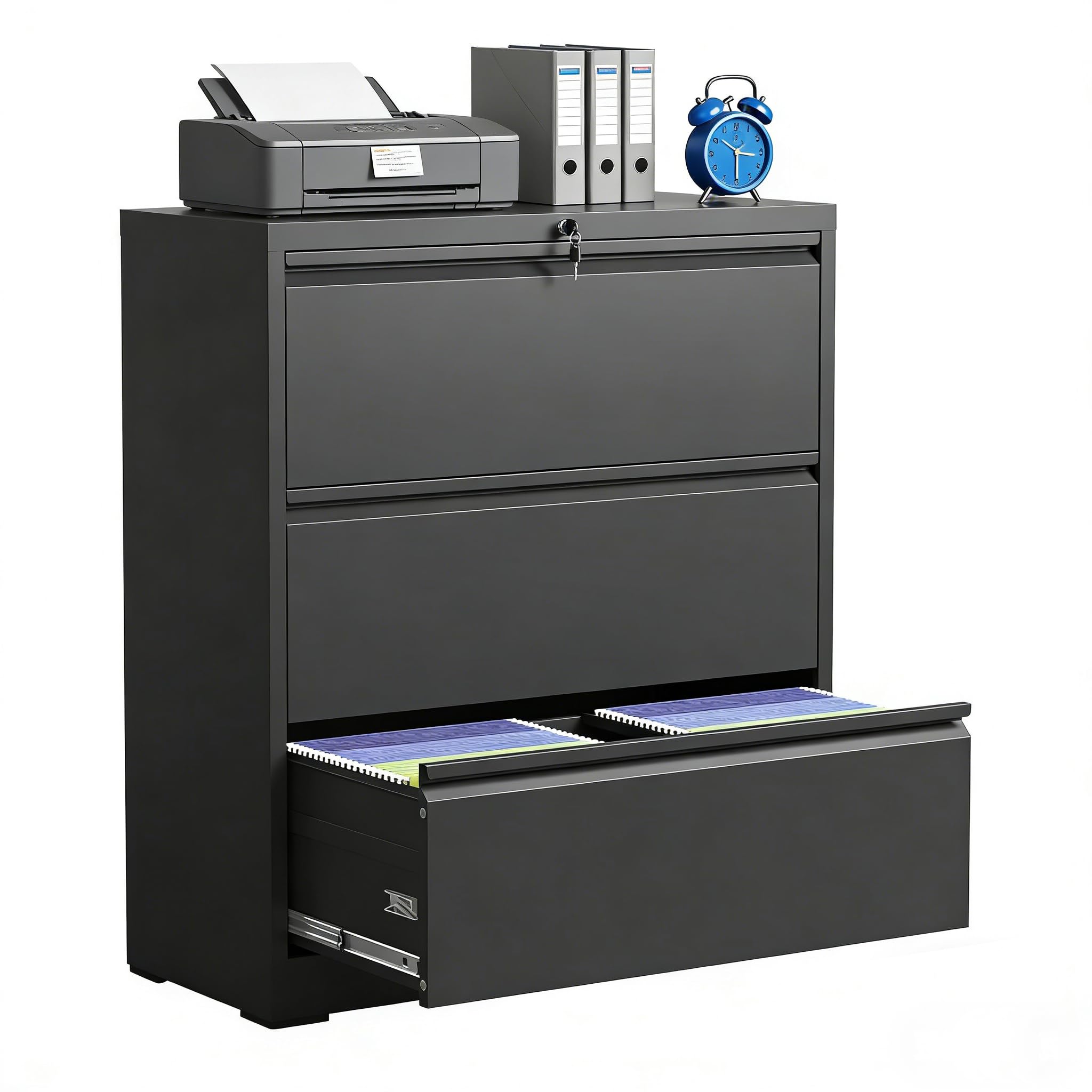 EKJ 3 Drawer Lateral File Cabinet with Lock, Metal Lateral Filing Cabinet for Home Office, Steel Wide Horizontal Filing Cabinets for Letter/Legal/A4/