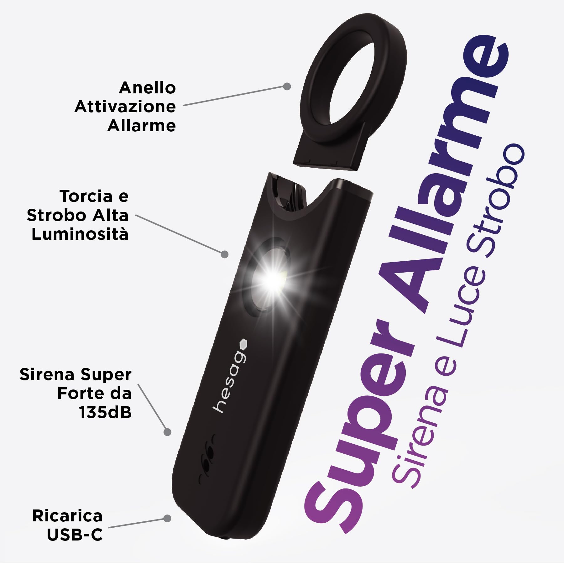 SnapSiren - Allarme Personale anti aggressione - Autodifesa con Sirena 135 dB - Portachiavi Donna da borsetta per Difesa Personale - Torcia e Allarme Porta Ingresso Hotel (Nero)