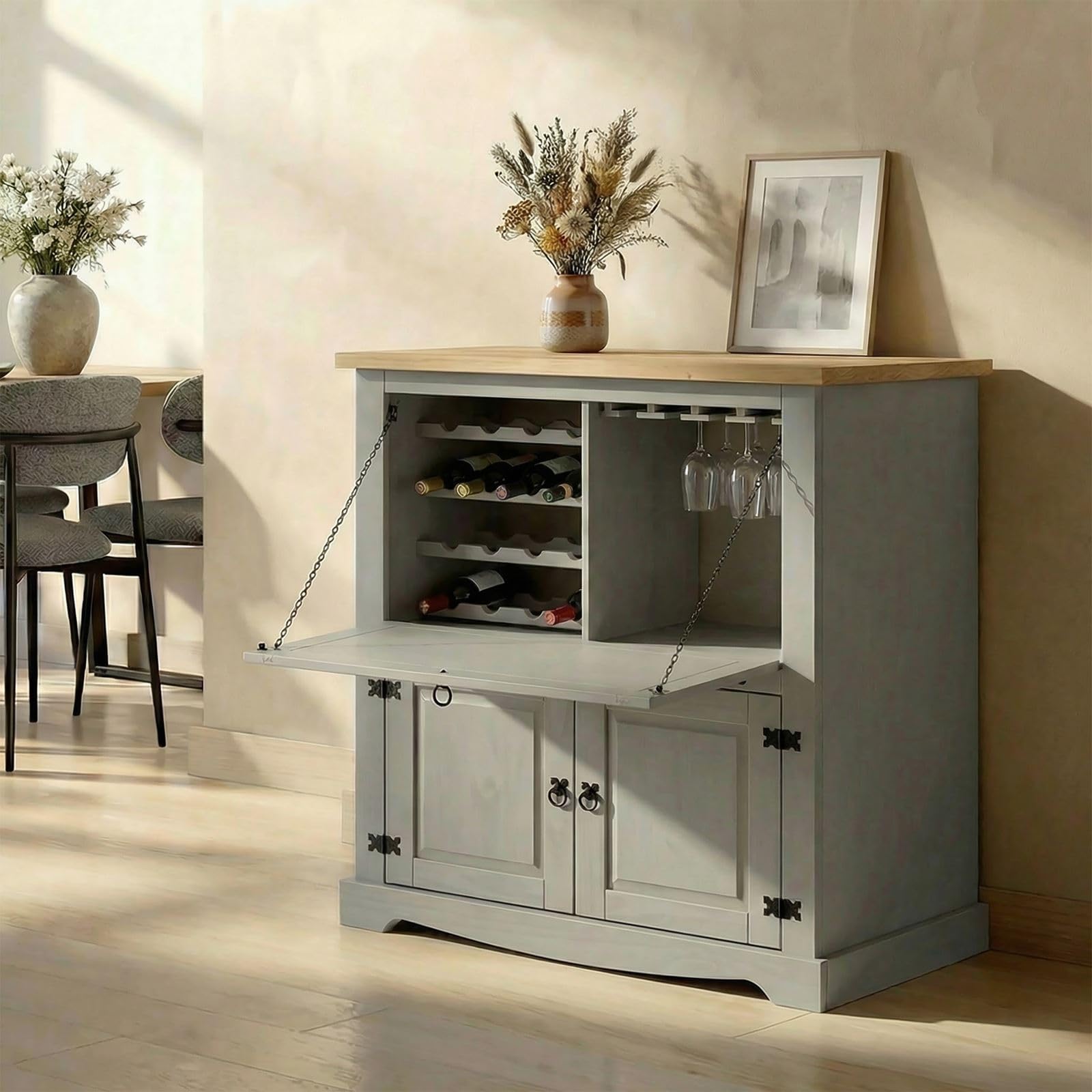 IDIMEX Meuble Bar à vin Tequila Armoire comptoir avec Range Bouteilles vin spiritueux et Range Verres, bahut de Style Mexicain en pin Massif lasuré Gris et Brun