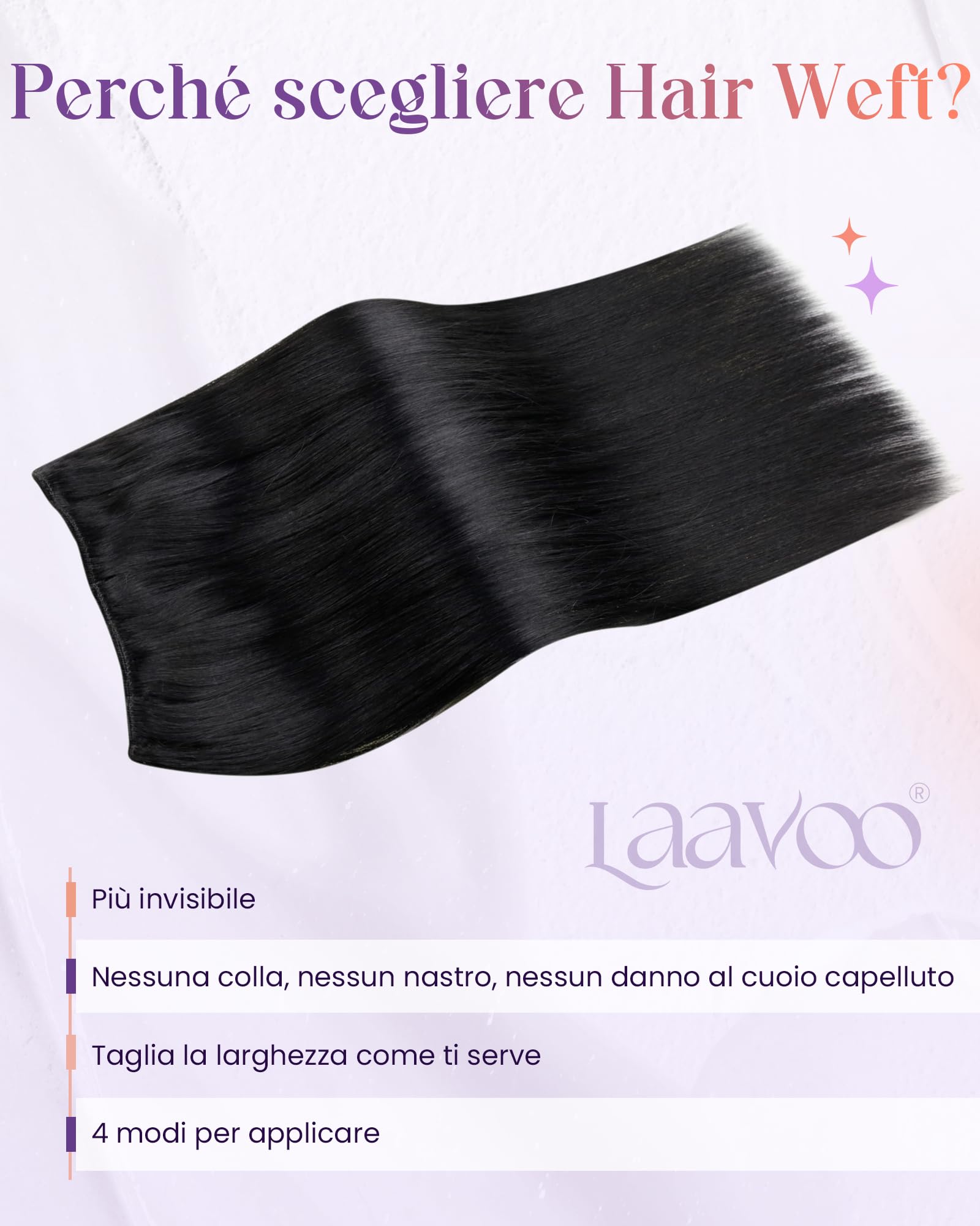 LaaVoo 60cm Extension Capelli Veri Tessitura Nero Jet 120g Matassa Leggera Remy