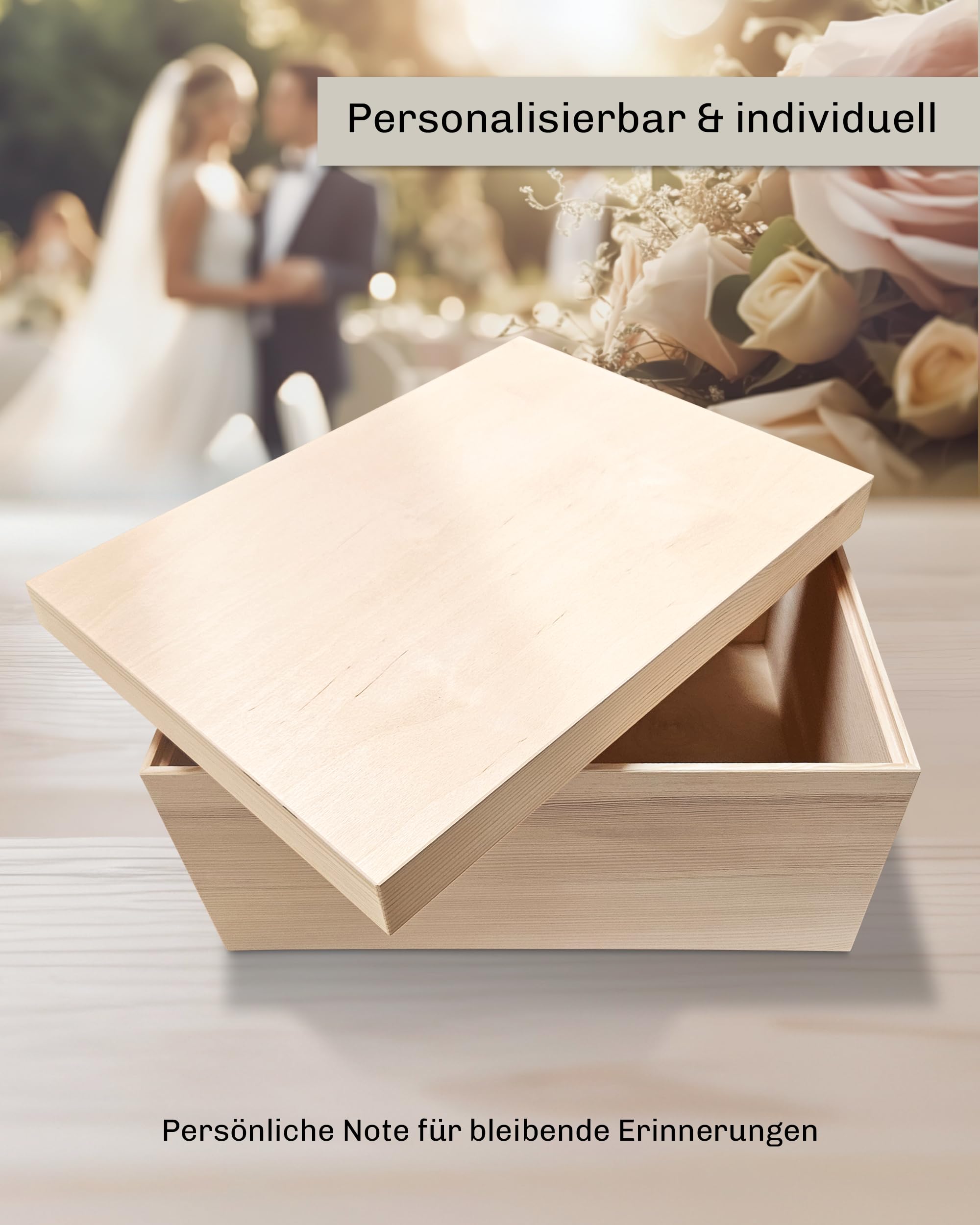 LEAF & GOLD Caja de madera personalizada de eucalipto | Caja de recuerdos para parejas de madera con tapa I Regalo de compromiso, boda o aniversario I Caja de almacenamiento hecha a mano I 40 x 30 x