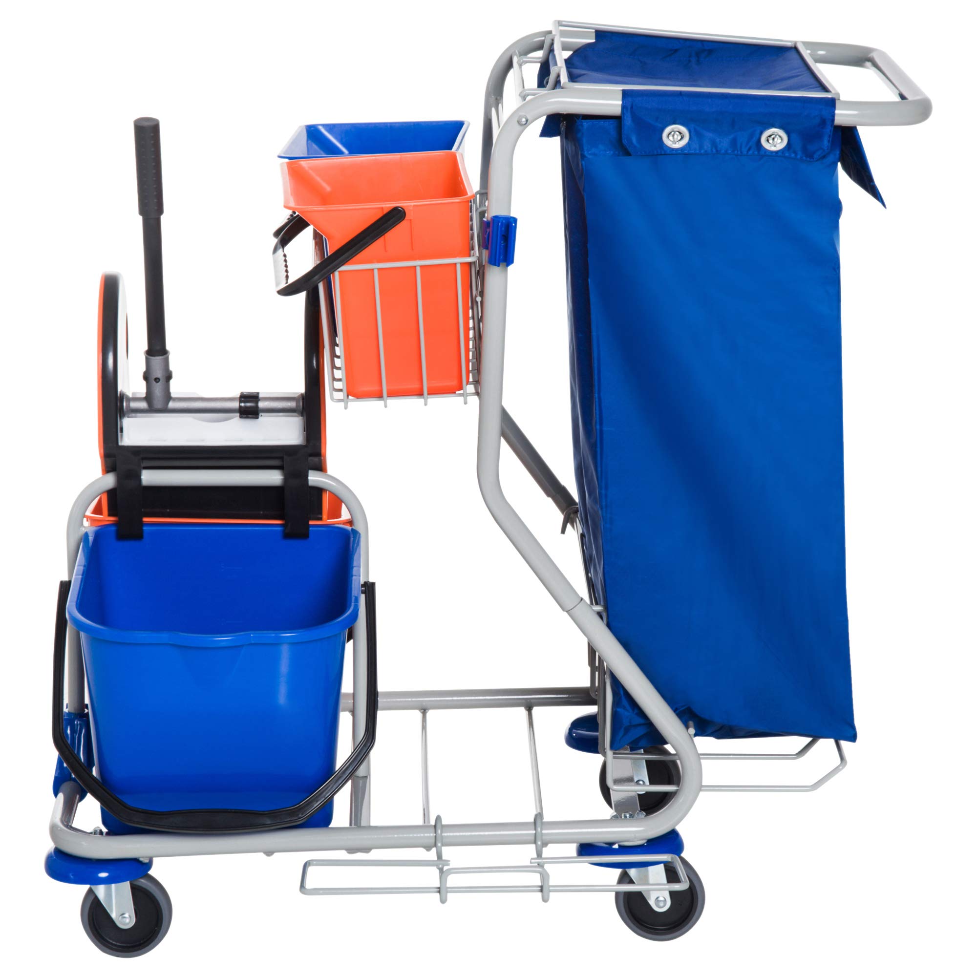 HOMCOM Putzwagen Reinigungswagen mit 2 x 18L & 2 x 6L Eimern Wischwagen Haushaltswagen mit Mopp-Presse, Aufbewahrungskorb, Blau Orange 93 x 80 x 97 cm