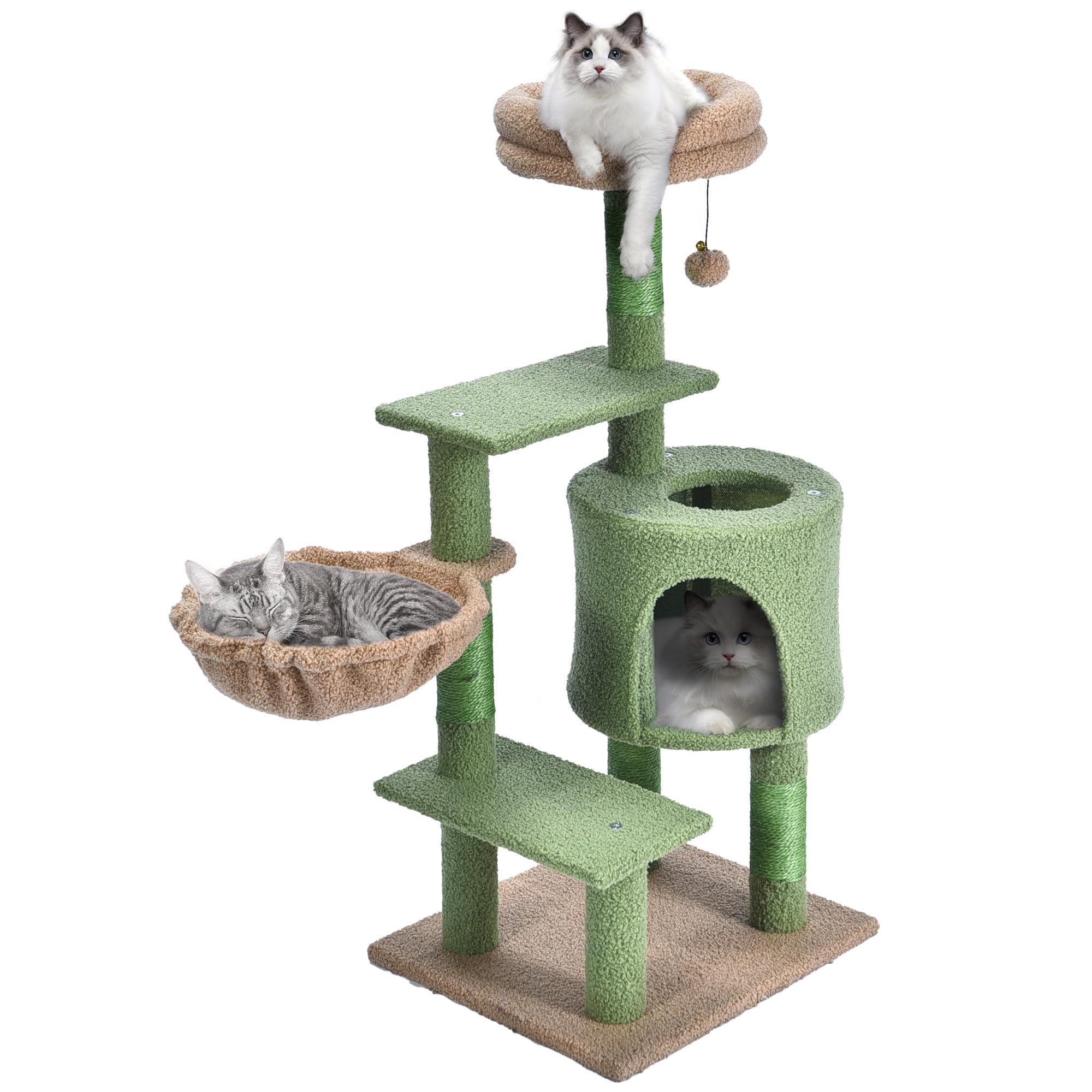 KWOJU Cat Tree for Kittens, Multi-Level Cat Tower Activity Center, Modern Cat House with Removable Plush Perch, Cozy Basket Hammock, Kitten Condo and Sisal Scratching Posts for Small Cats, Green