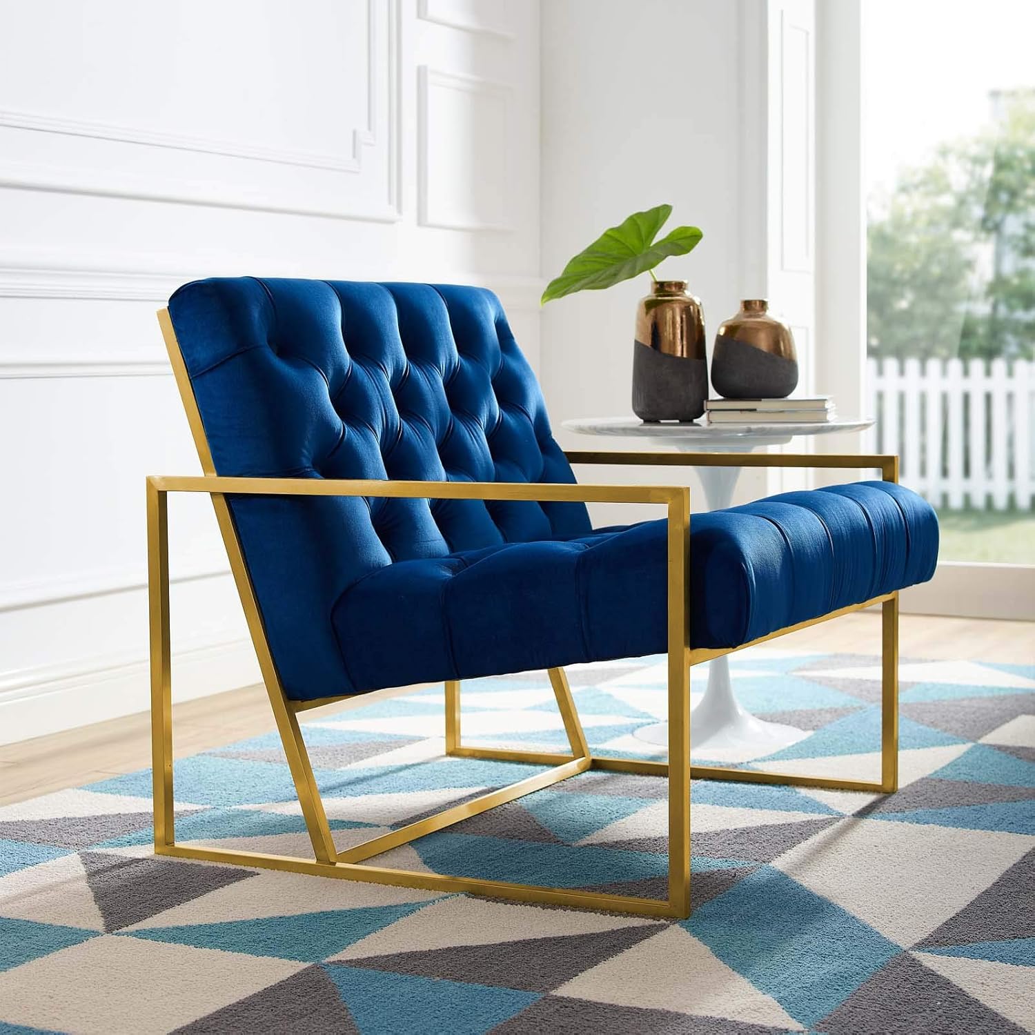 Modway Bequest Performance Velvet Upholstered Accent Lounge Arm Chair with Gold Stainless Steel Frame in Navy