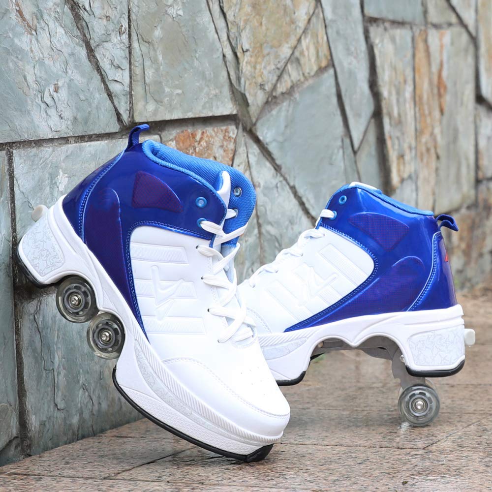 Déformation Roller Skating Quad Skating Sports De Plein Air pour Adultes Enfant Skateboarding Chaussures Sneakers 2 en 1,WhiteBlue-43