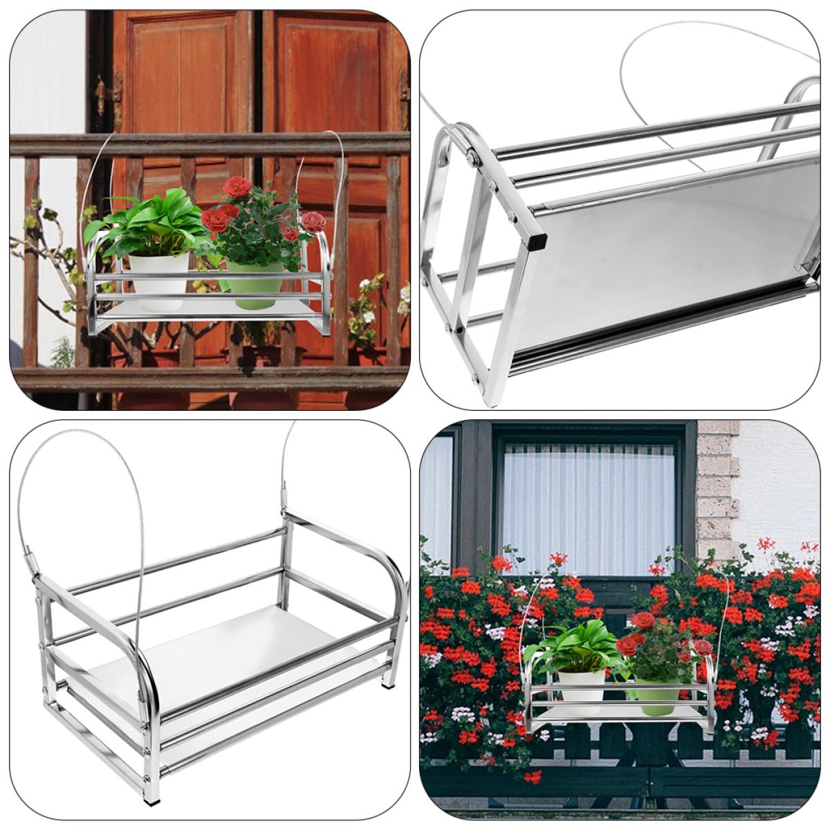 Veemoon Verstellbarer Blumentopfhalter aus Edelstahl 50cm Balkongeländer Pflanzenständer Hängendes Terrassenregal für Garten und Fensterbank