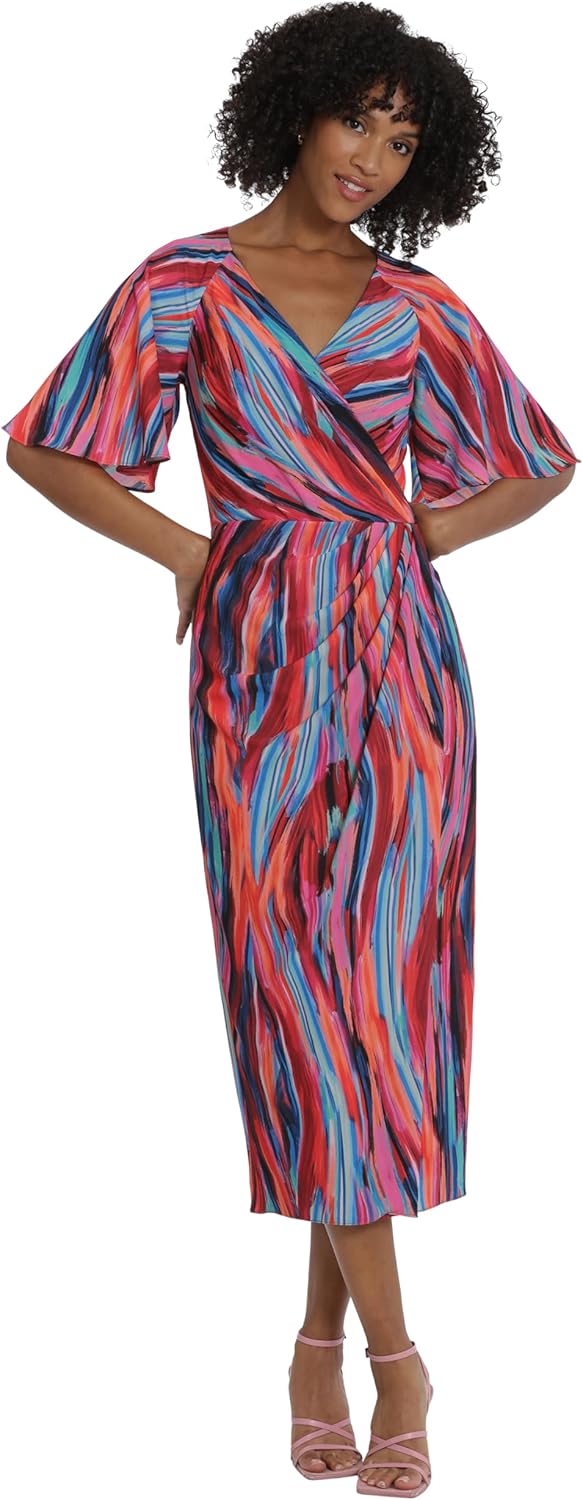 Maggy London Womens Short Flutter Sleeve Faux Wrap Midi Dress