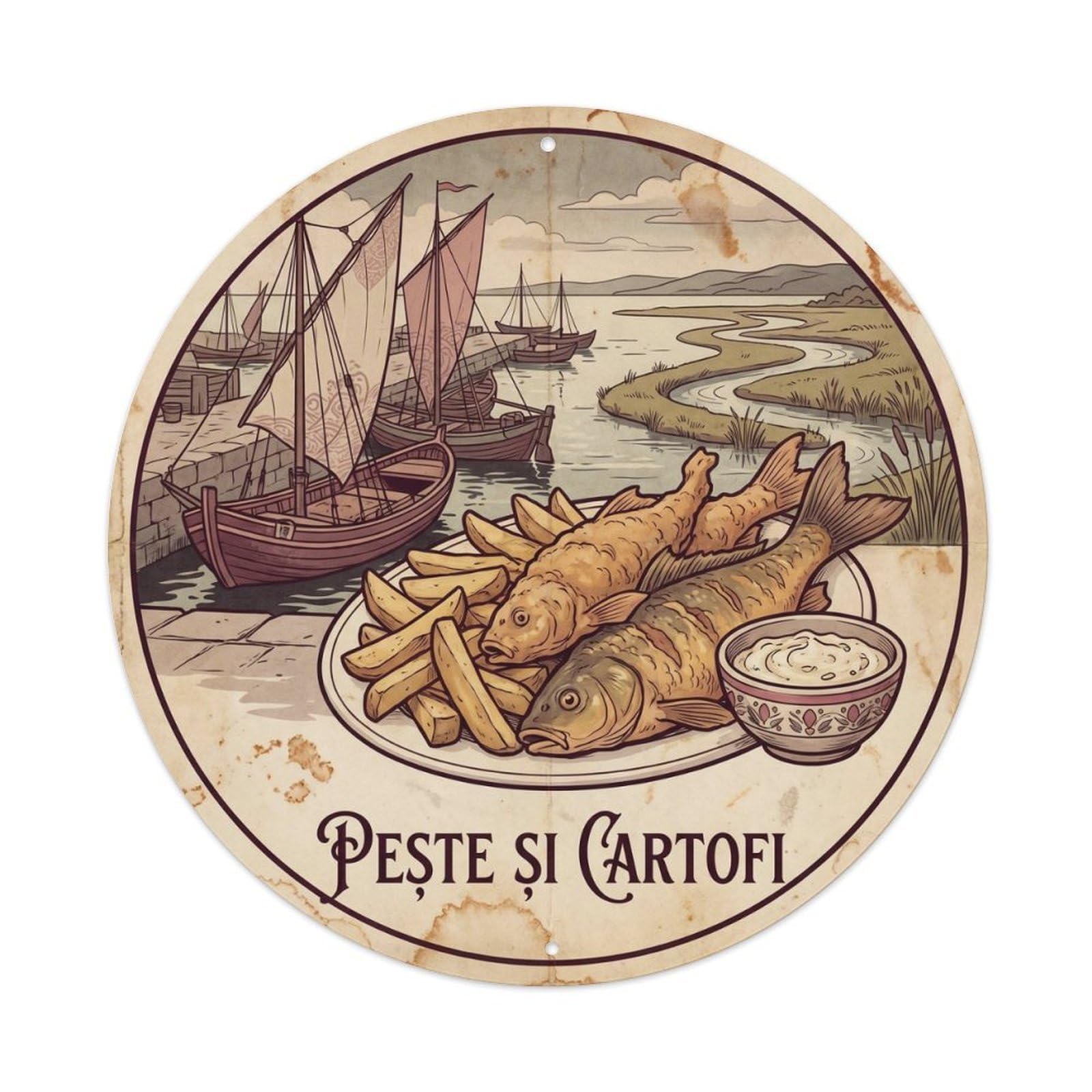 Romania Fried Fish Chips Heritage Coastal Cuisine Metal Tin Sign