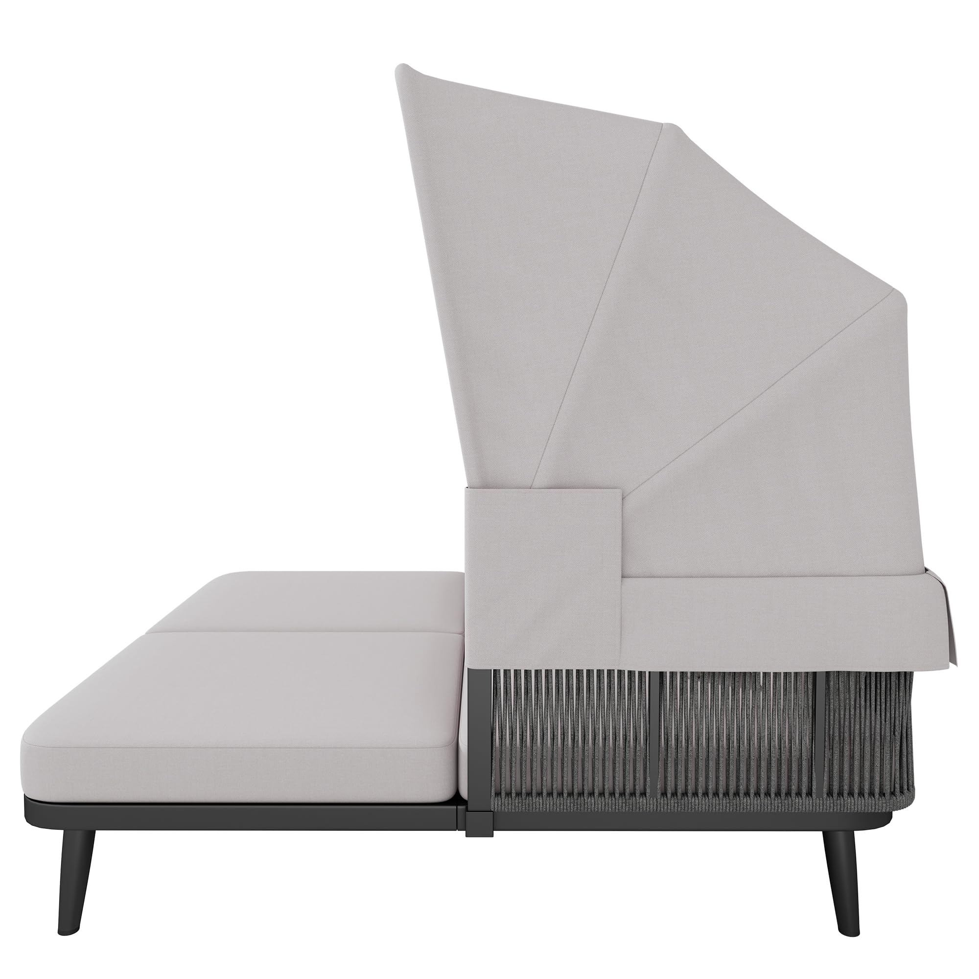 Gartenmöbel für 2 Personen, Gartensofa, Loungesofa, Einziehbare Markise, Gestell aus verzinktem Stahl, 10 cm Dicke Kissen, Handgewebtes Seil, Grau