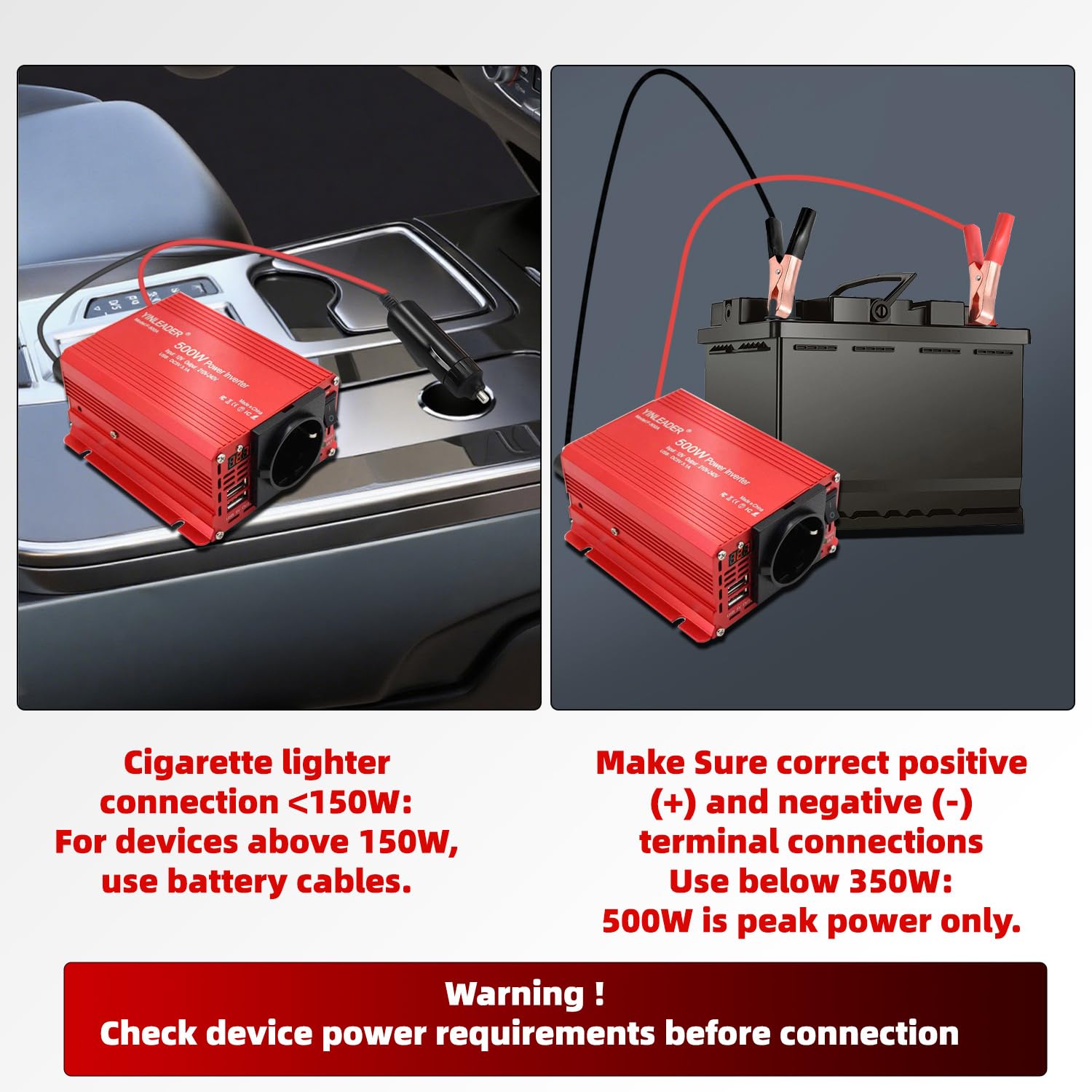 Yinleader Wechselrichter 500W 12V 230V LED Dual-USB, Power Inverter DC 12V auf AC 230V