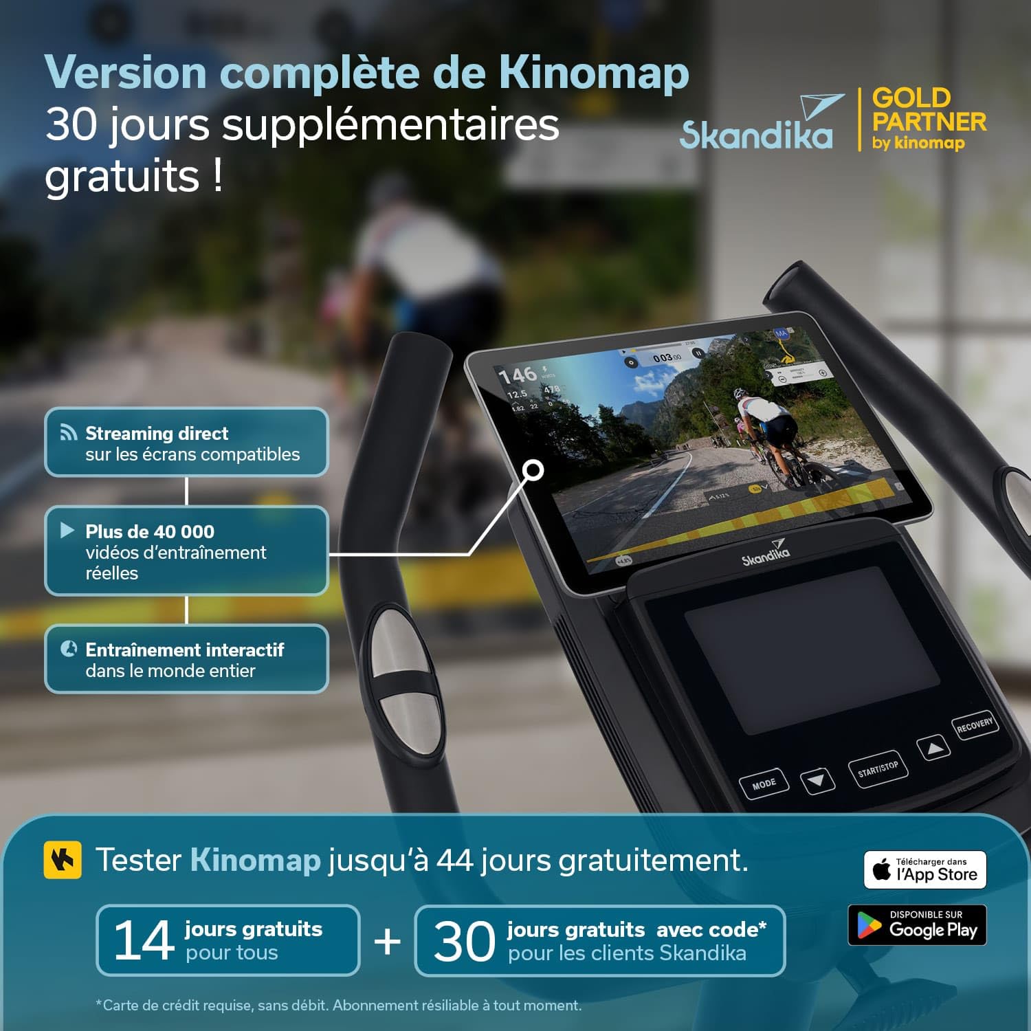 Skandika Vélo d'appartement Treliv P8 | Ergomètre en fer et bois, frein magnétique à 32 niveaux, écran LED, 22 programmes, selle et guidon réglables, compatible avec Kinomap, max 120 KG