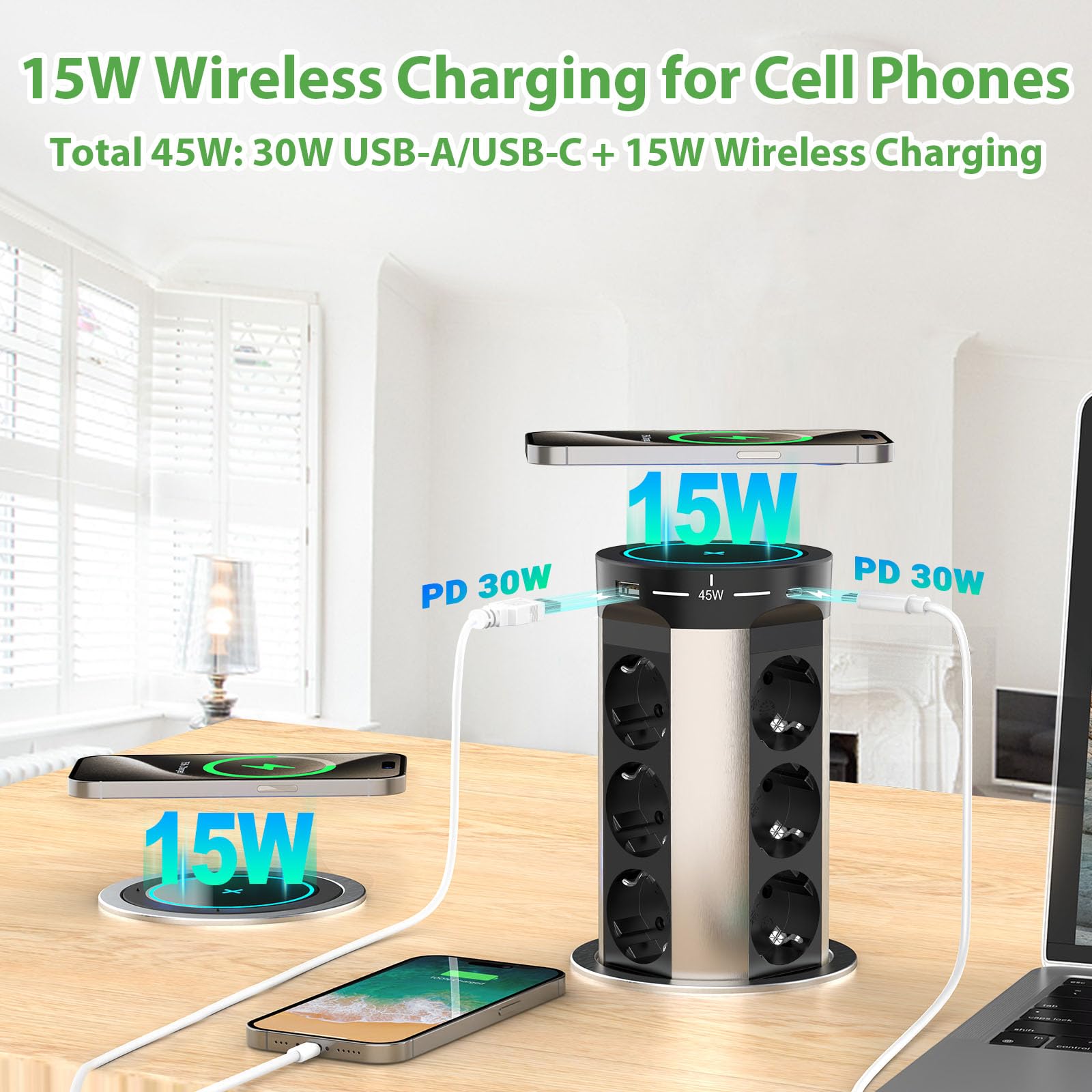 Versenkbare Tischsteckdose mit USB C PD75W, 12 Fach Einbausteckdose Versenkbar mit 15W Kabelloses Laden, Tisch Steckdosenleiste für Arbeitsplatte Küche, 2M Kabel, D 100MM