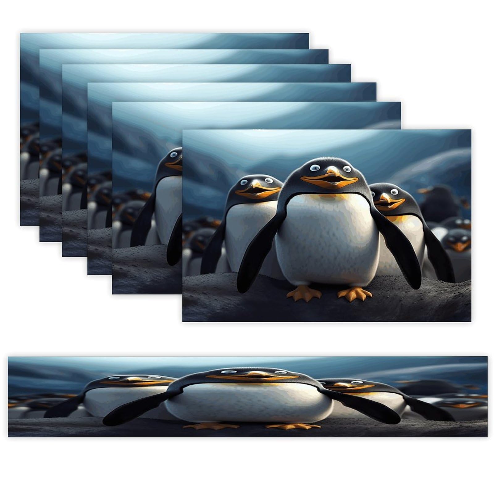 Funny Penguins Table Runner and Placemats Set of 6 for Kitchen Washable Table Mats Heat Resistant Place Mats Non-Slip Place Mat Wipeable Placemat(6 Placemats+1 Table Runner)