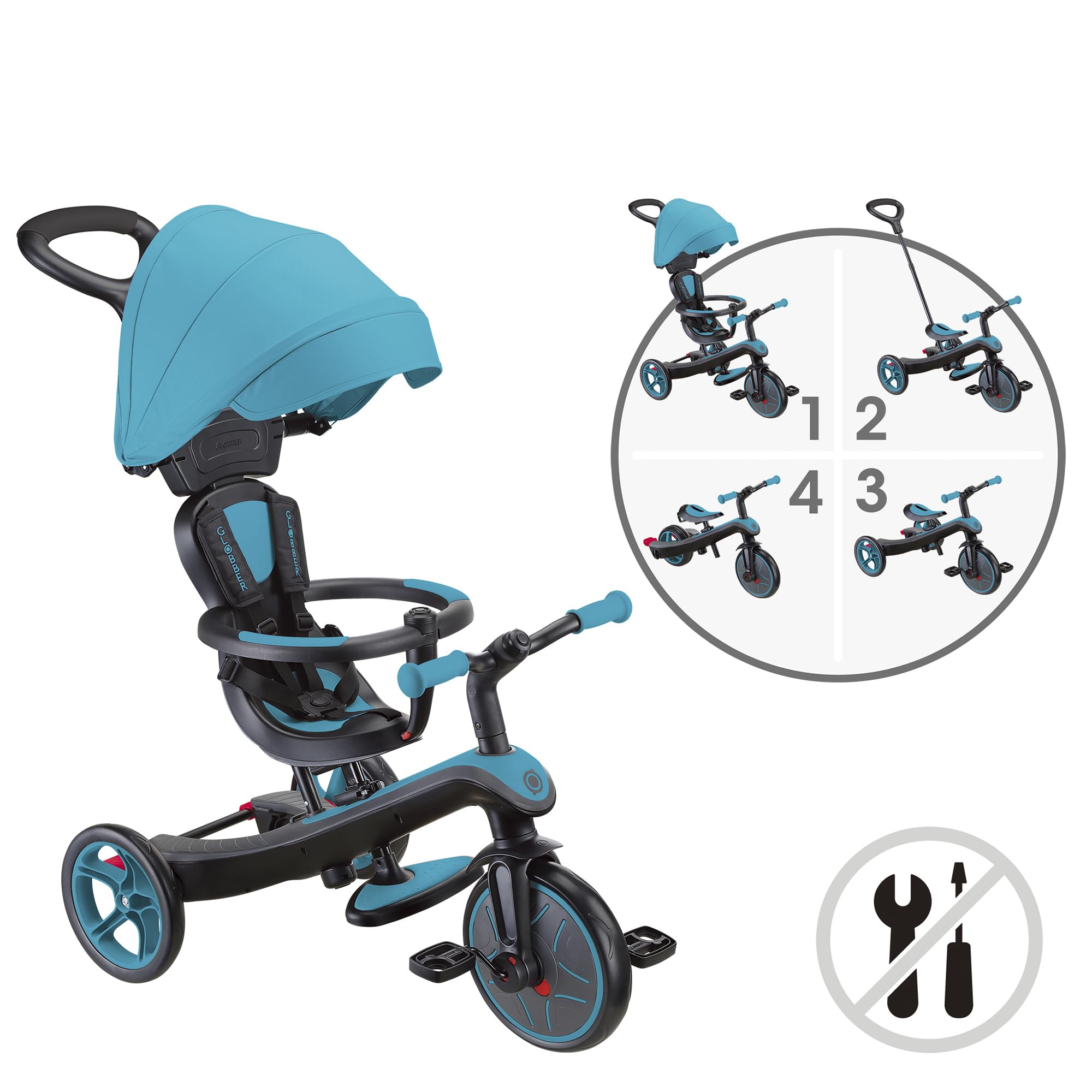 Globber - Triciclo Explorer 4 in 1 - Triciclo evolutivo e drenante per bambini dai 10 mesi ai 5 anni - Versione 2 - Blu Turchese