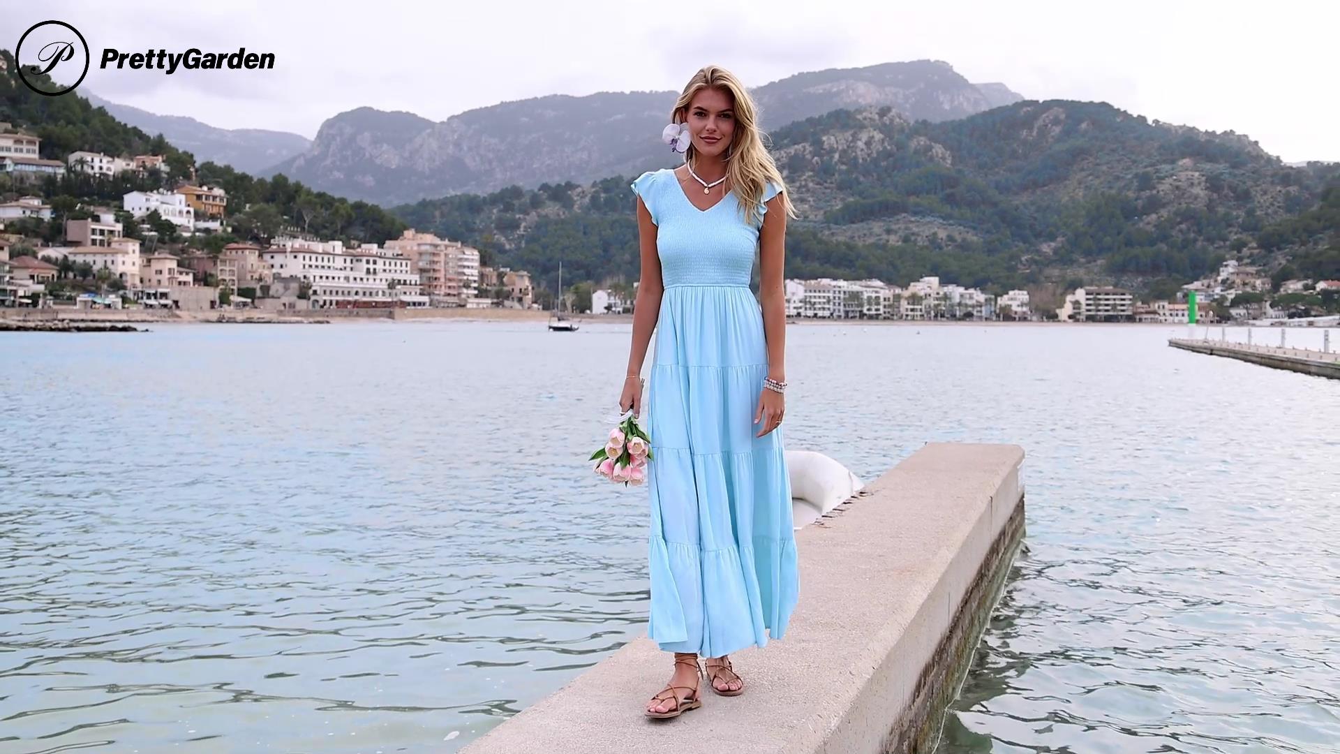 PRETTYGARDEN Women's Summer Flowy Maxi Dress Casual Cap Sleeve V