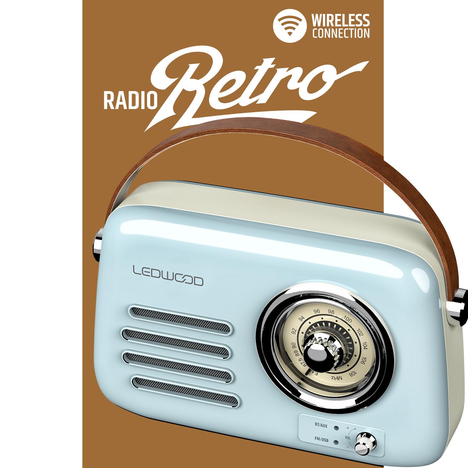 Radio Rétro Portable Ledwood Alma, FM, Bluetooth 5.3 Entrée USB, Puissance 30W - Batterie 3,7V-1500mAh - Retro Vintage - Bleu