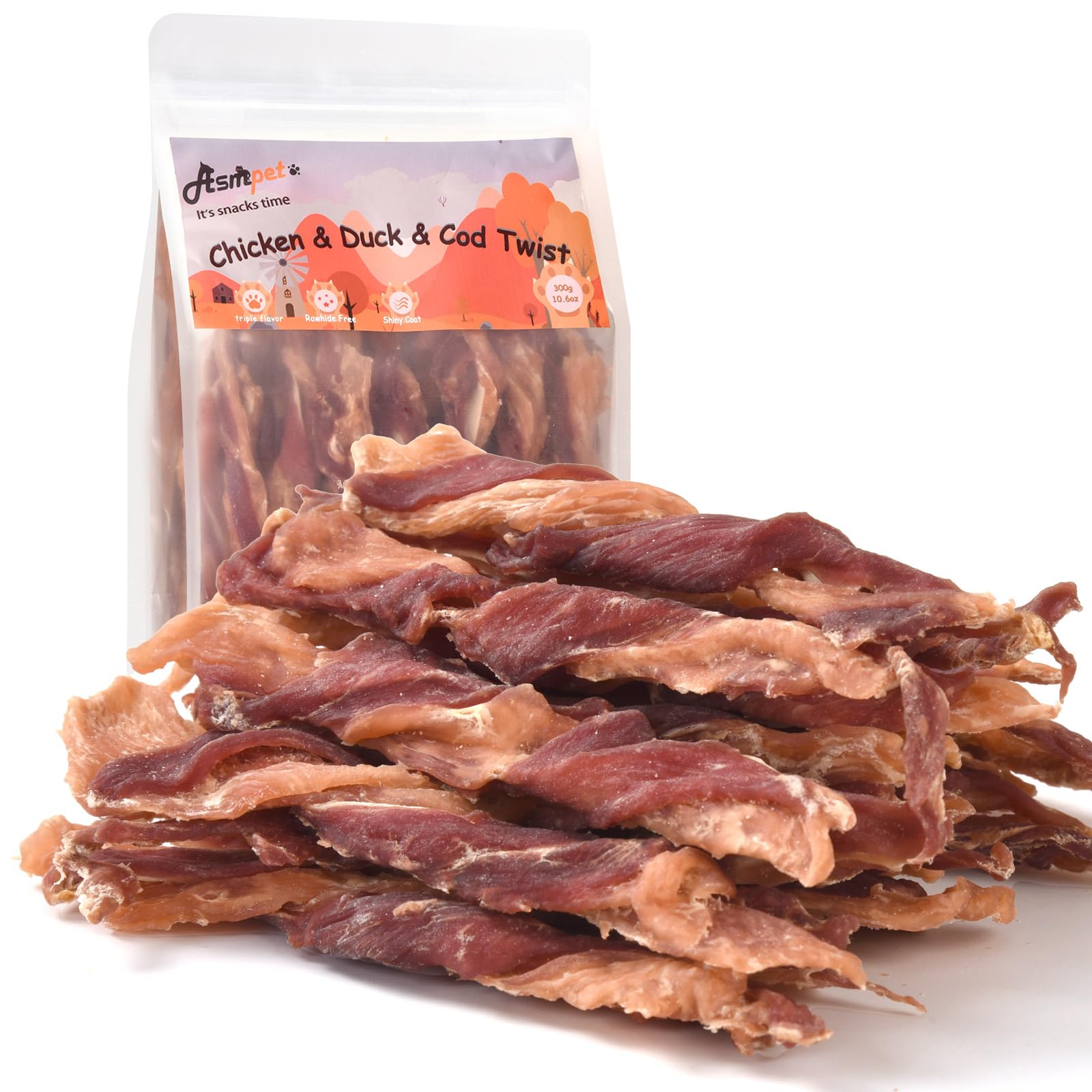 ASMPET Dog Jerky Treats, Triple Flavor Chicken Duck Cod Jerky Twists for Small Medium Large Dogs 10.6 oz