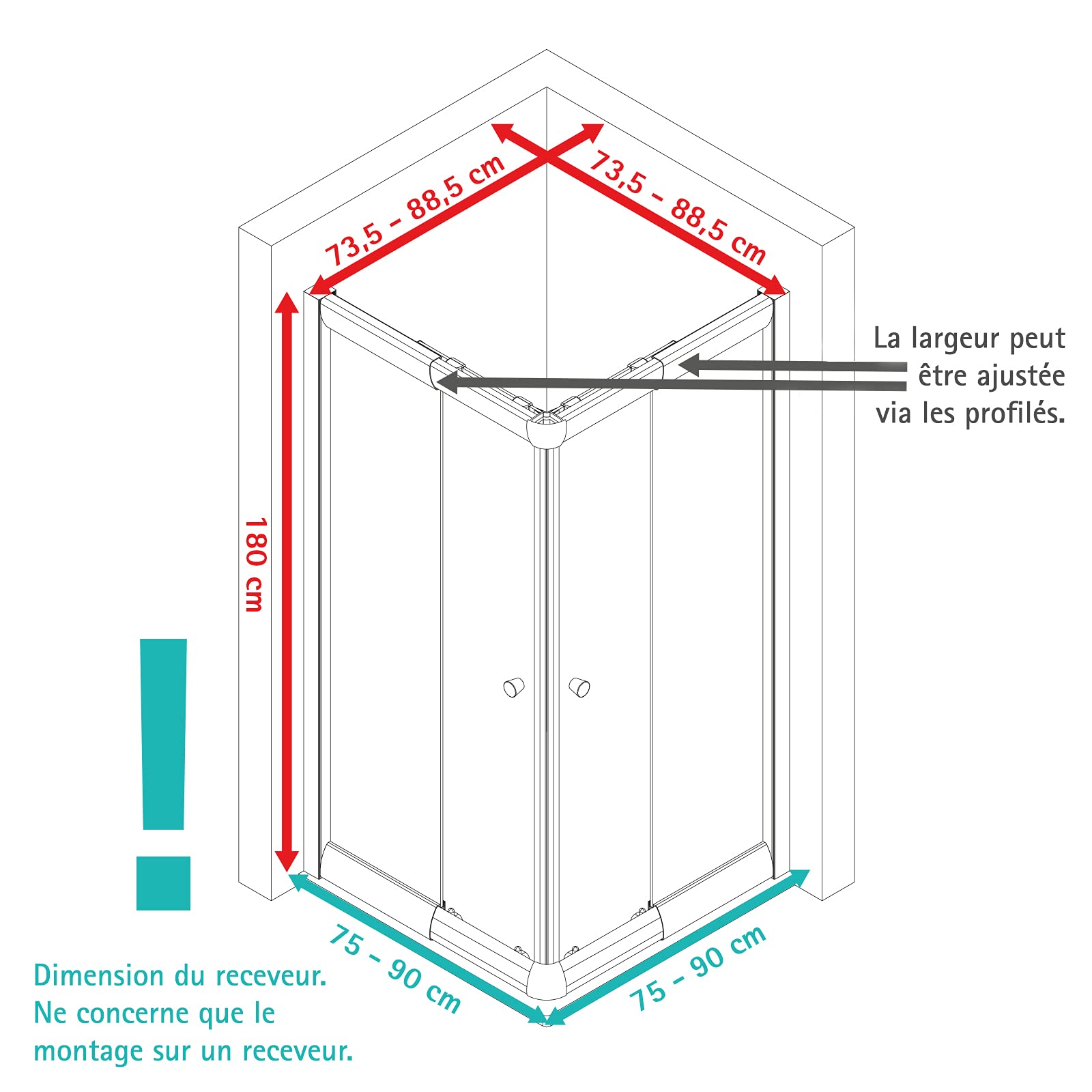 Schulte douche accès angle extensible 75-90x180 noir coulissante 4 mm | largeur d'accès 30 à 49 cm ajustable encadrement verre trempé