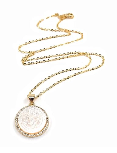Miniatura 5 de Beautiful Mother of Pearl Medalla San Benito 18k Gold Plated Chain 17 Inches