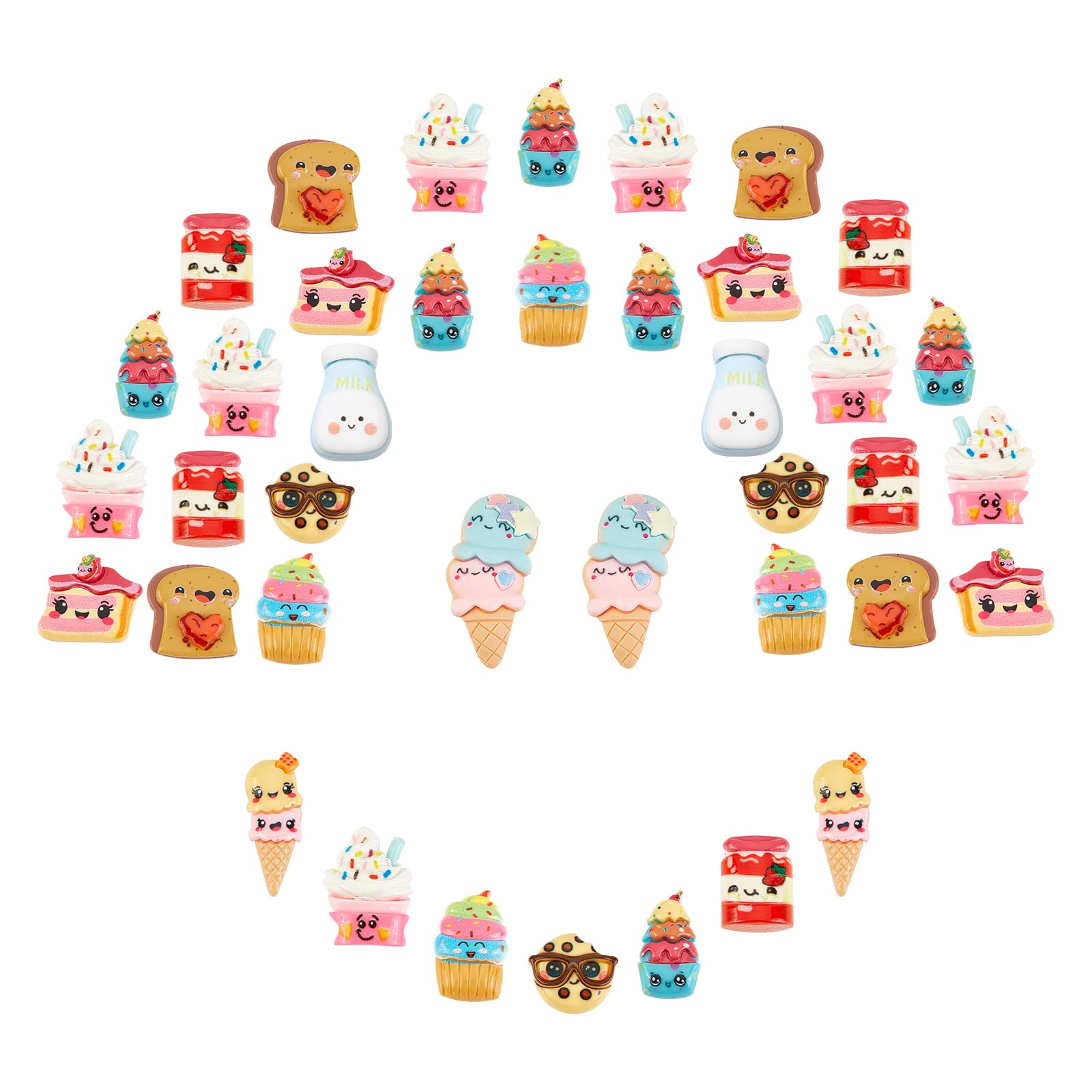 SUNNYCLUE 60Pcs 10 Styles Resin Cabochons Food Theme Charms Toast Milk Cake Cookie Ice Cream Shape Colorful 3D Cabochons for Embellishments Flatback Scrapbooking Deco Hair Clips DIY Craft Supplies