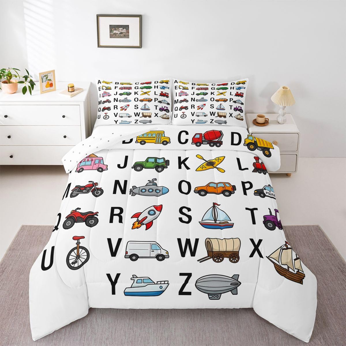 Excavator Kids Comforter Fire Truck Police Car Boys Comforter Set Helicopter Motorcycle Ambulance Toddler Bedding Set Alphabet Vehicle Cars Quilt Set Decor with 2 Pillowcases 3Pcs Bedding Queen