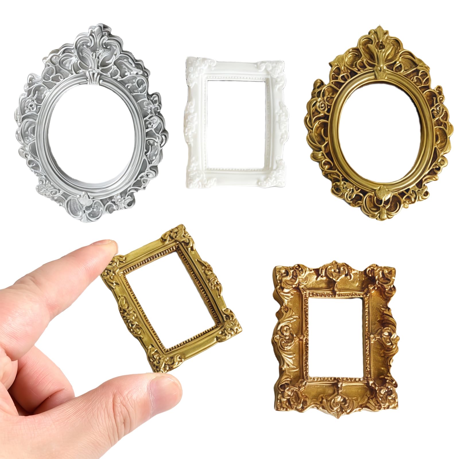 5 Pcs Mini Gold Frames, Miniature Vintage Photo Frames with Elegant Carved Design, Mini Picture Frames for Craft Display, Desktop Decoration, Jewelry Display Stand, DIY Miniature Furniture Props