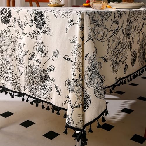 Miniatura 4 de Mantel floral con borlas, mantel de lino de algodón para restaurante, interior y decoración del hogar, manteles rectangulares 60 x 86 pulgadas (negro