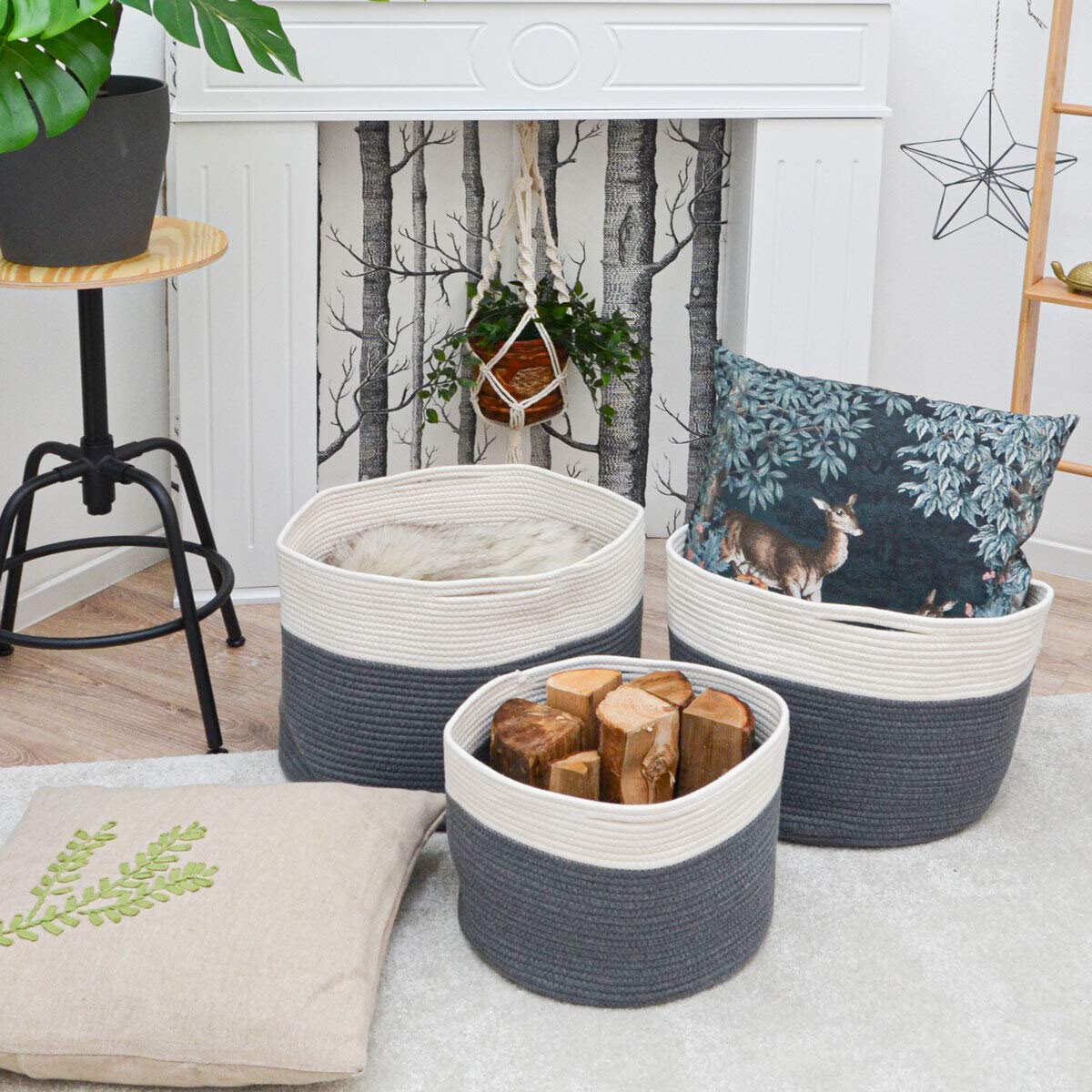 DuneDesign 3er Set Wäschekorb Geflochten - 20-45l Baumwoll Korb Aufbewahrung - Wäschesammler Kinder Korb Wickelkommode Baby Wäschekorb Wickeltisch - Aufbewahrungskorb Spielzeug Deko Körbe Geflochten
